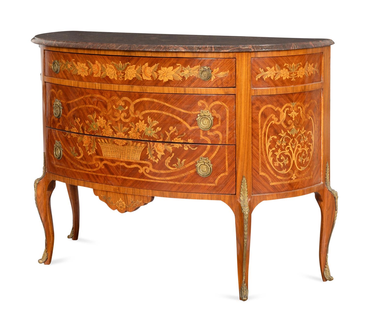 A Louis XV/XVI Transitional Style Marquetry Marble-Top Commode