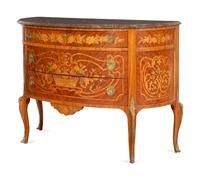 A Louis XV/XVI Transitional Style Marquetry Marble-Top Commode