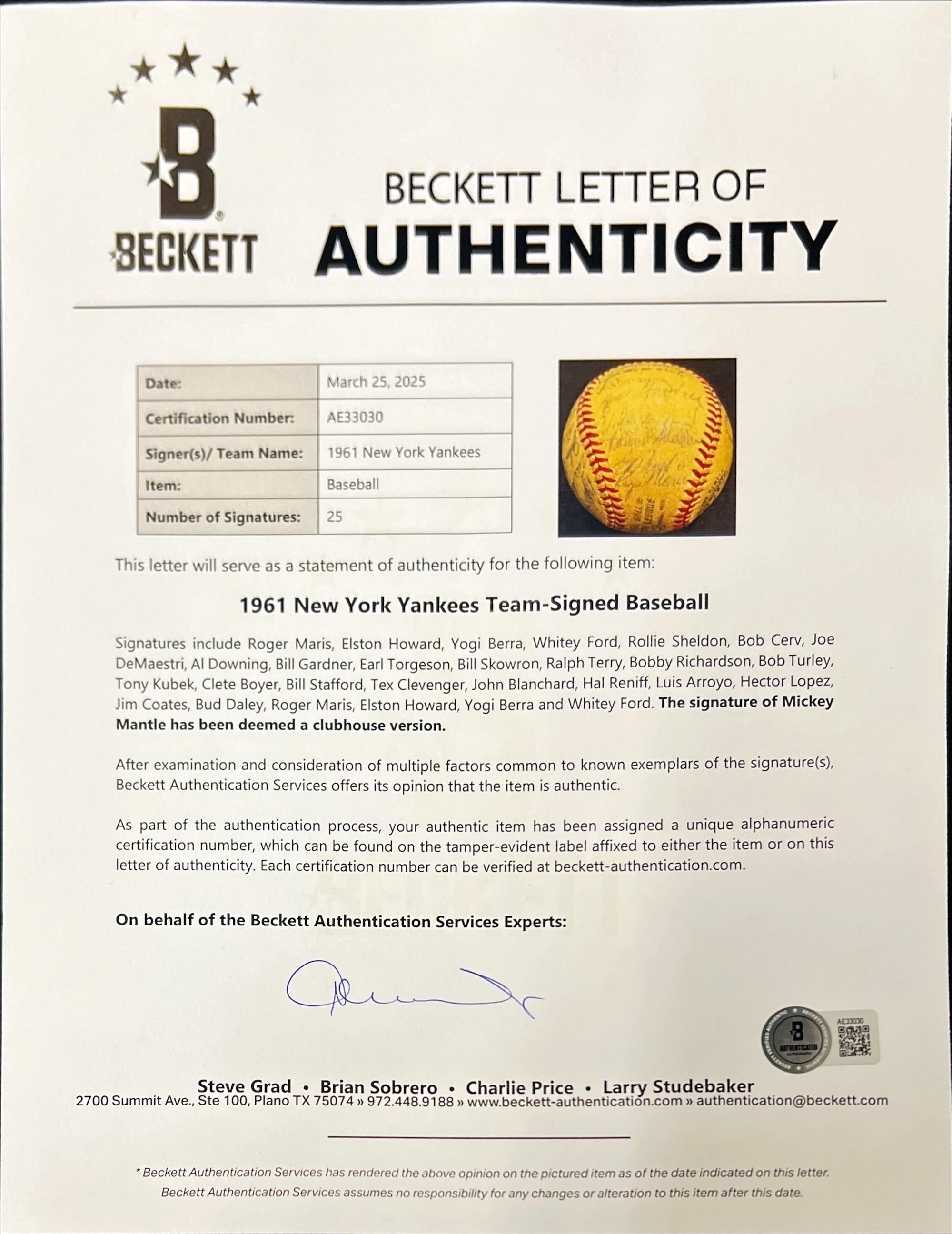 A 1961 New York Yankees Team Signed Autograph Baseball Including Roger Maris (Beckett Authentication Services) - 25 Signatures
