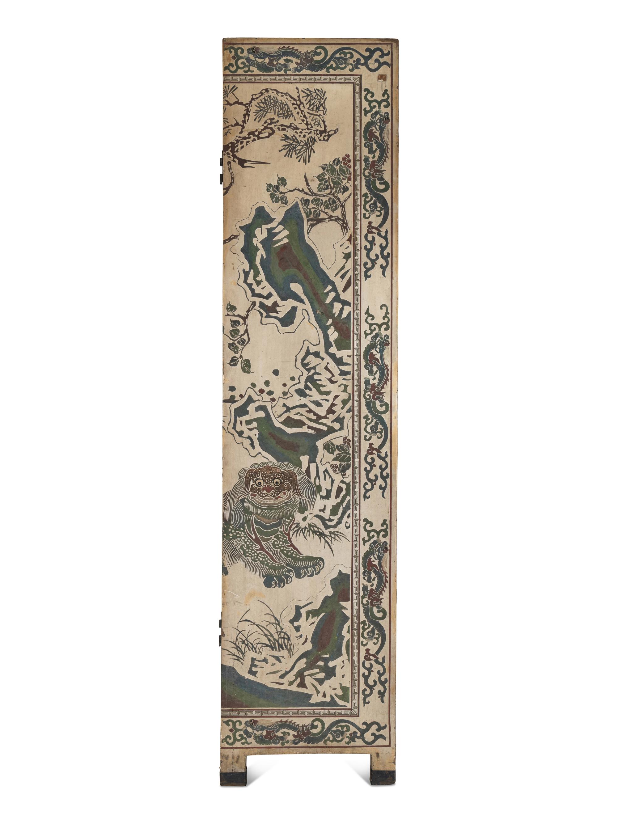 A Large Polychrome Lacquered Six-Panel Floor Screen