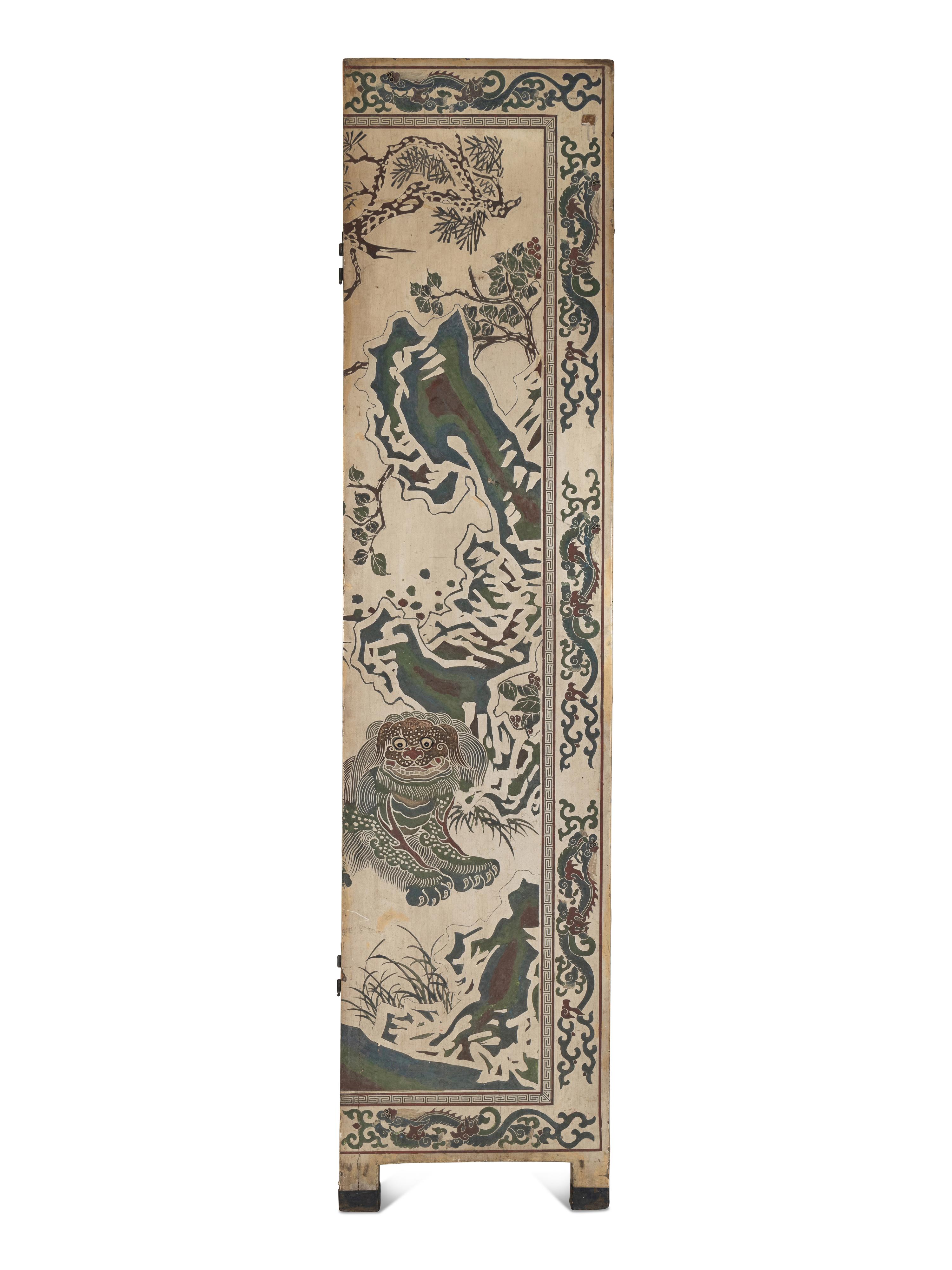 A Large Polychrome Lacquered Six-Panel Floor Screen