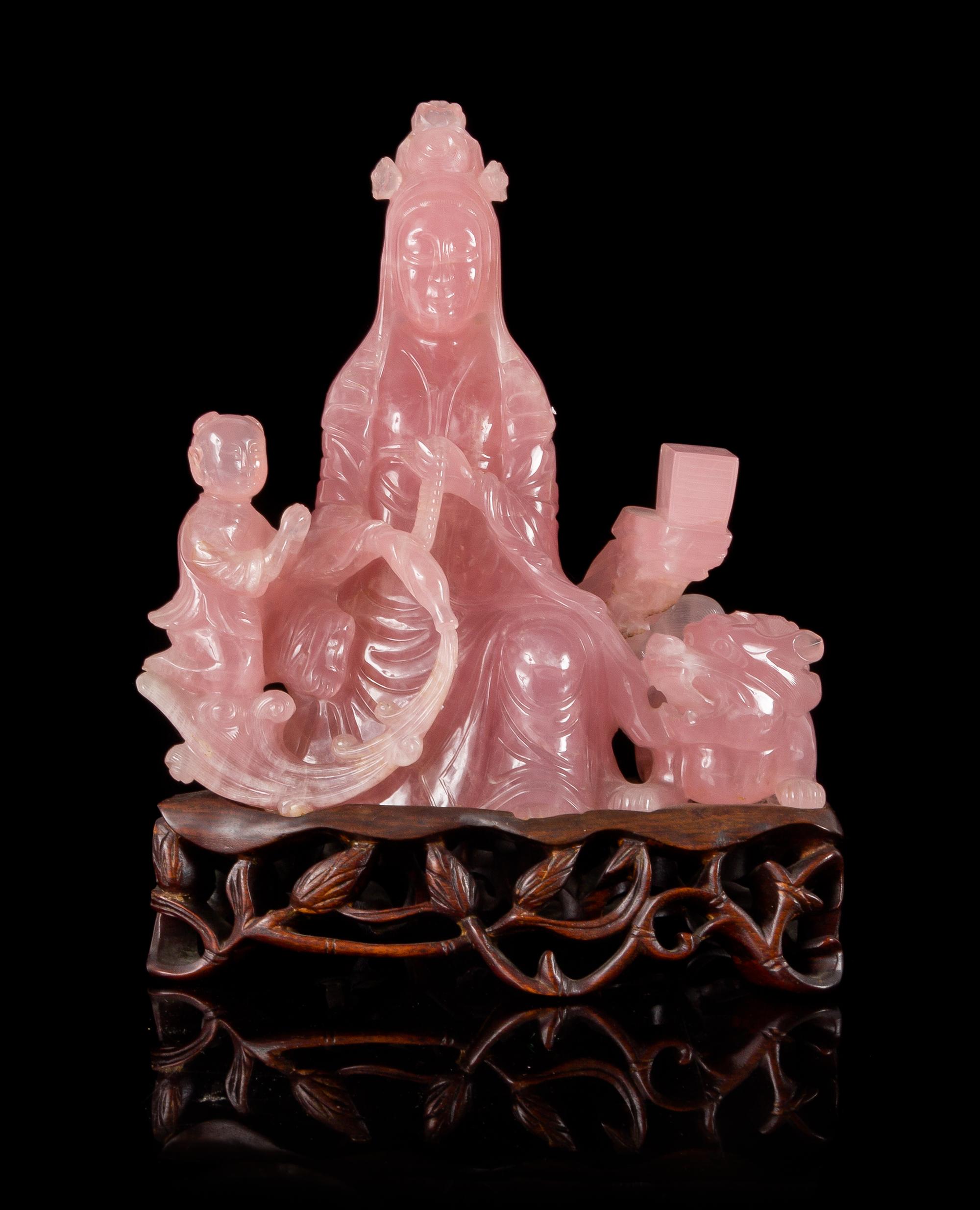 A Carved Rose Quartz Figure of Guanyin Height 8 1/2 inches. — LATE 19TH/EARLY 20TH CENTURY