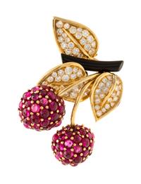 An 18 Karat Yellow Gold, Ruby, Diamond and Enamel Cherries Brooch, Van Cleef & Arpels Paris, 10.40 dwts.