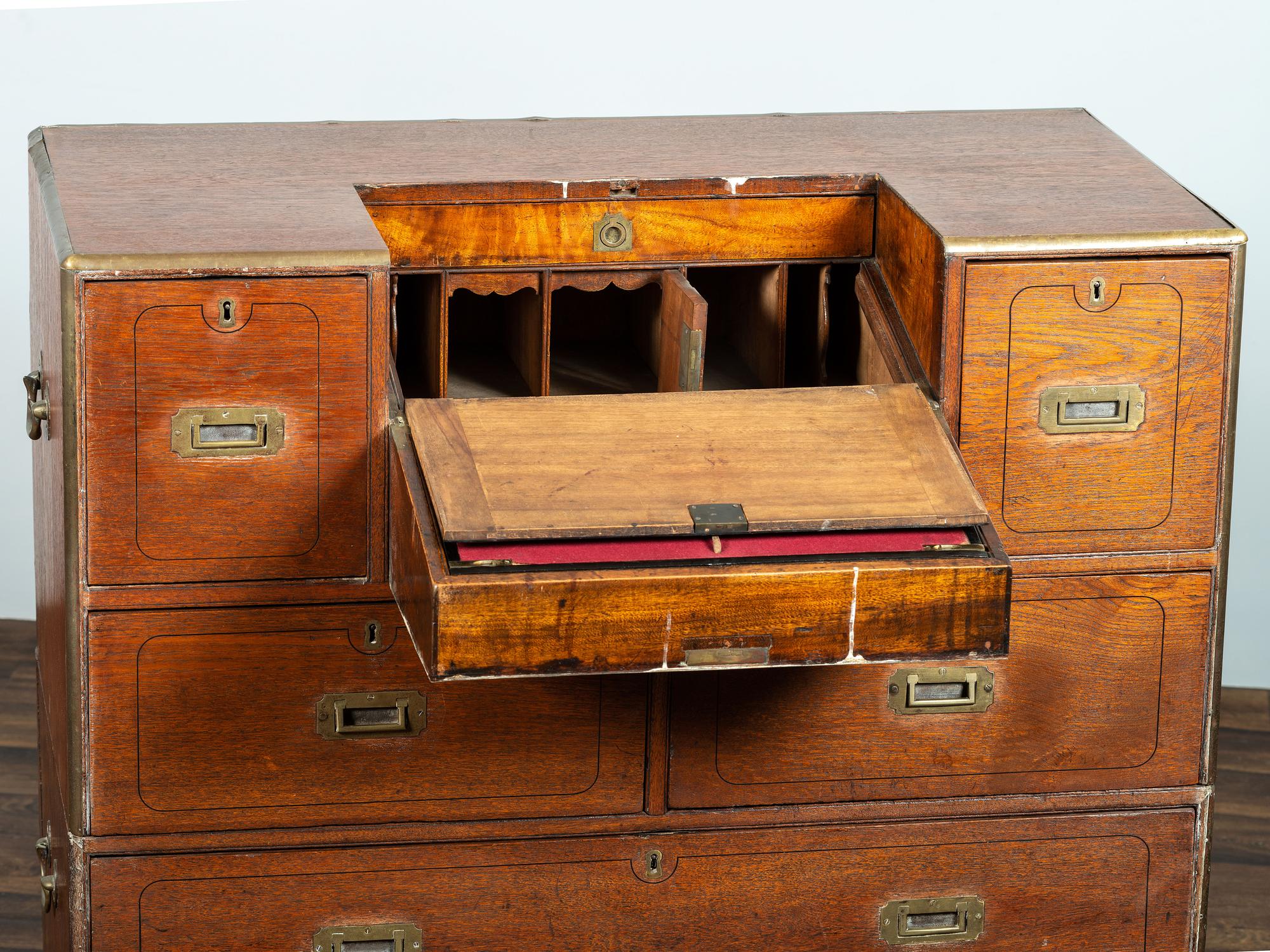 An Anglo-Colonial Brass Mounted Teak Campaign Writing Desk