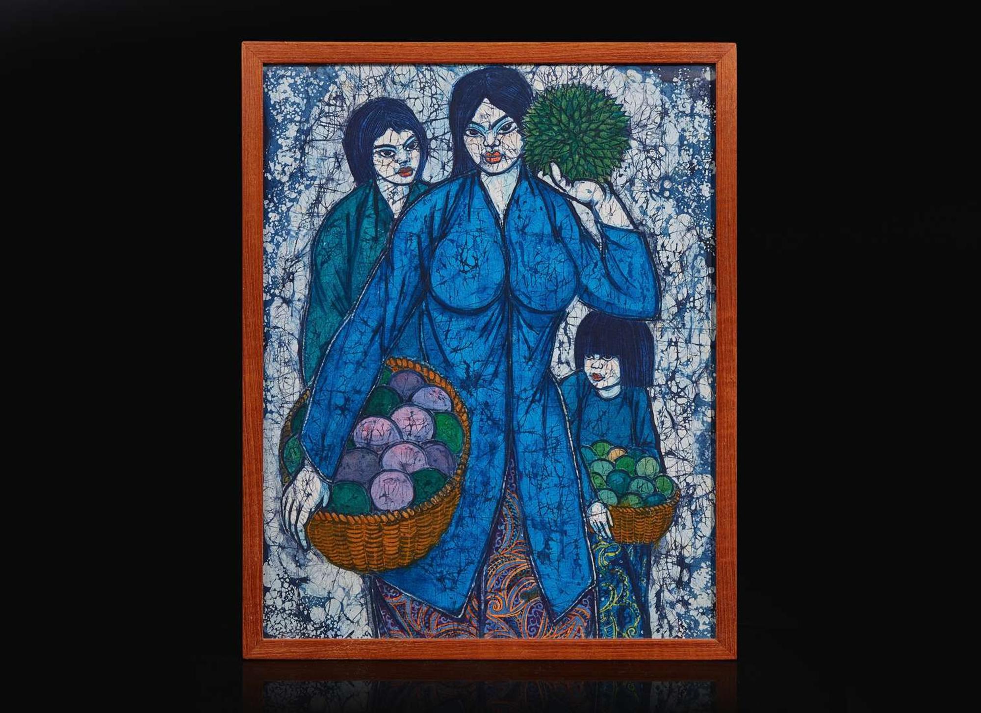 Chuah Thean Teng (Chinese/Malaysian, 1914-2008) Woman with Durian, batik panel 蔡天定（中國/馬來西亞，1914-2008）女子與榴蓮 繪畫