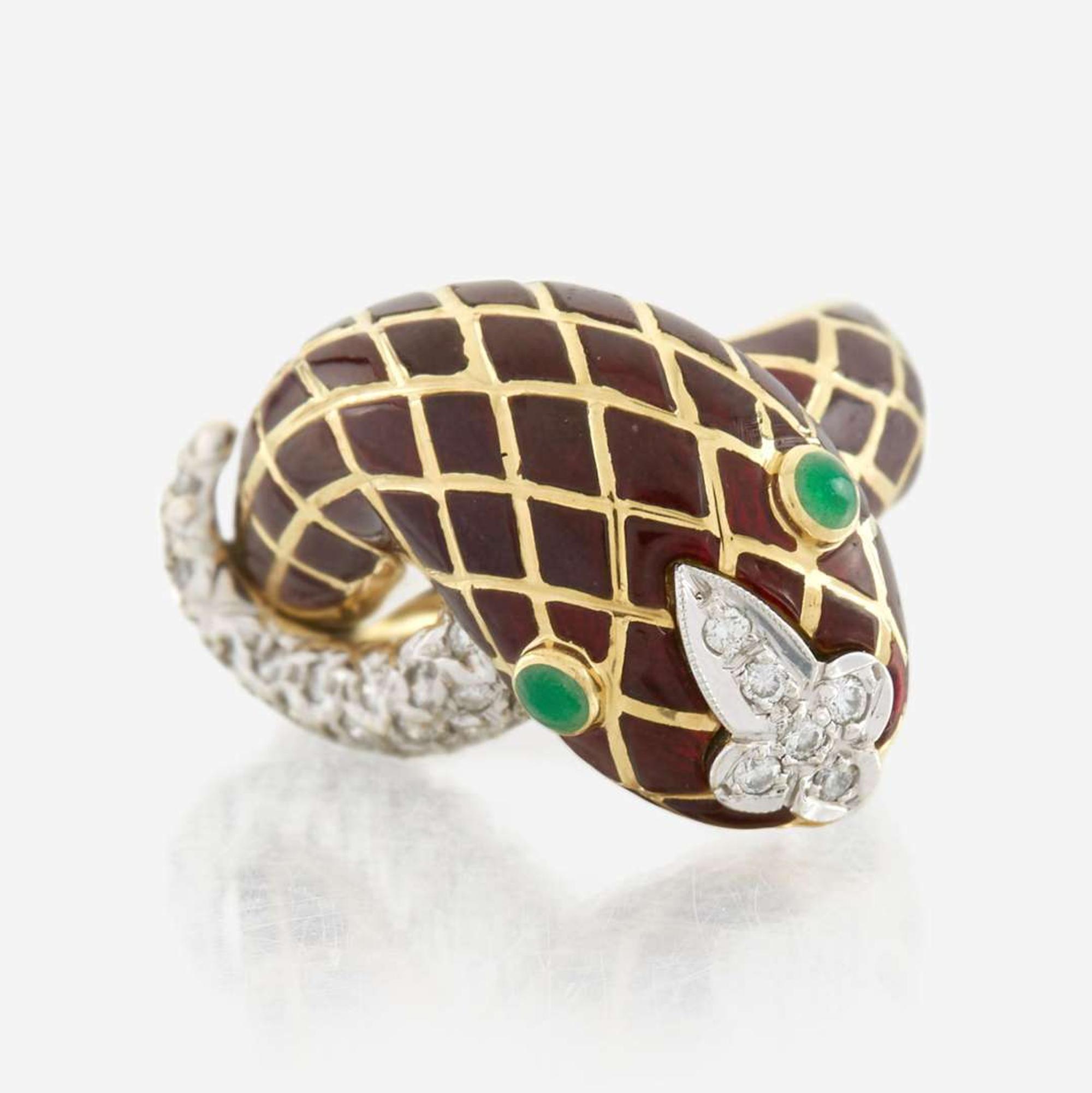 An enamel, diamond, emerald, and gold ring, David Webb