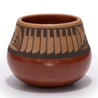 Red and Sienna Pottery Jar, with Repeating Feathers