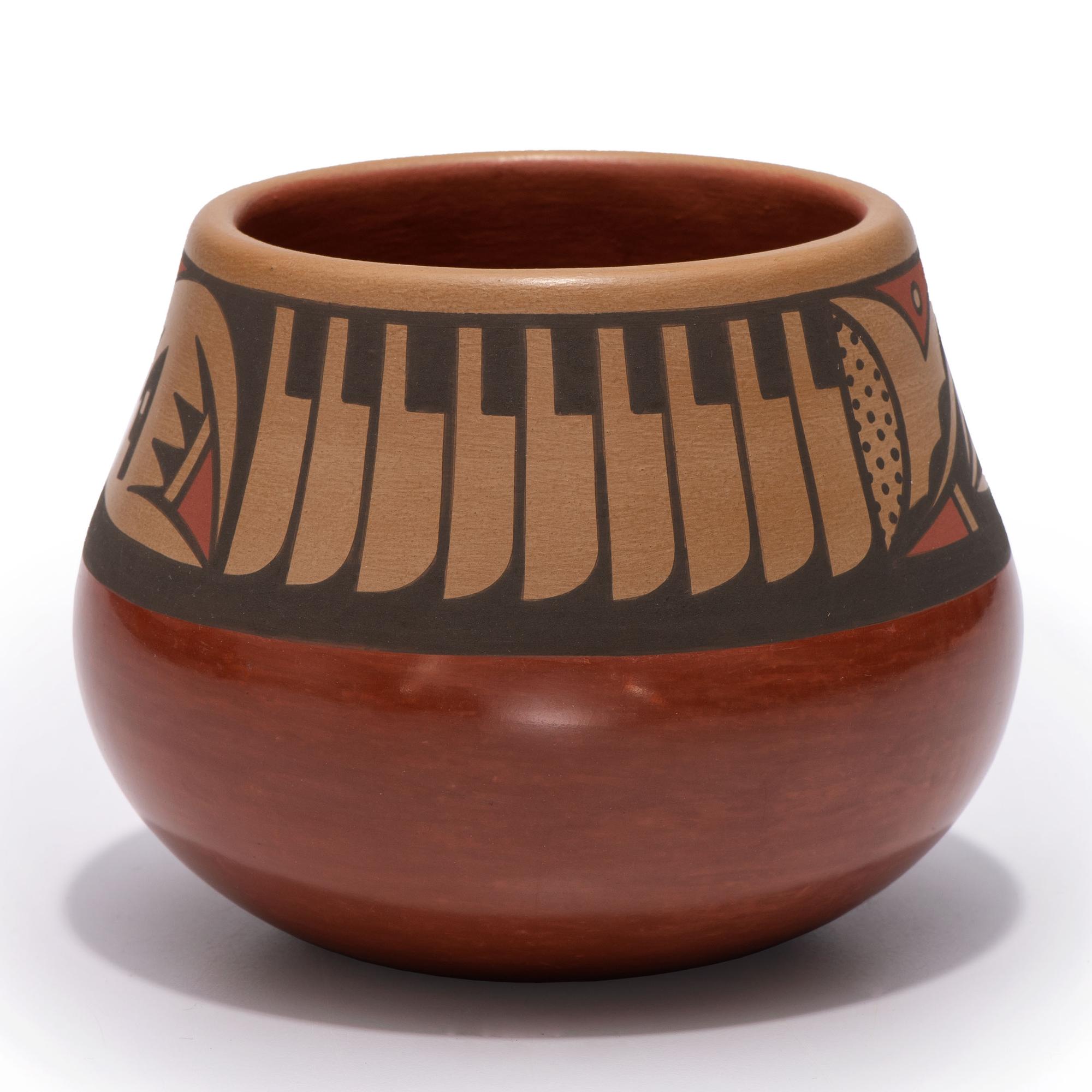 Red and Sienna Pottery Jar, with Repeating Feathers