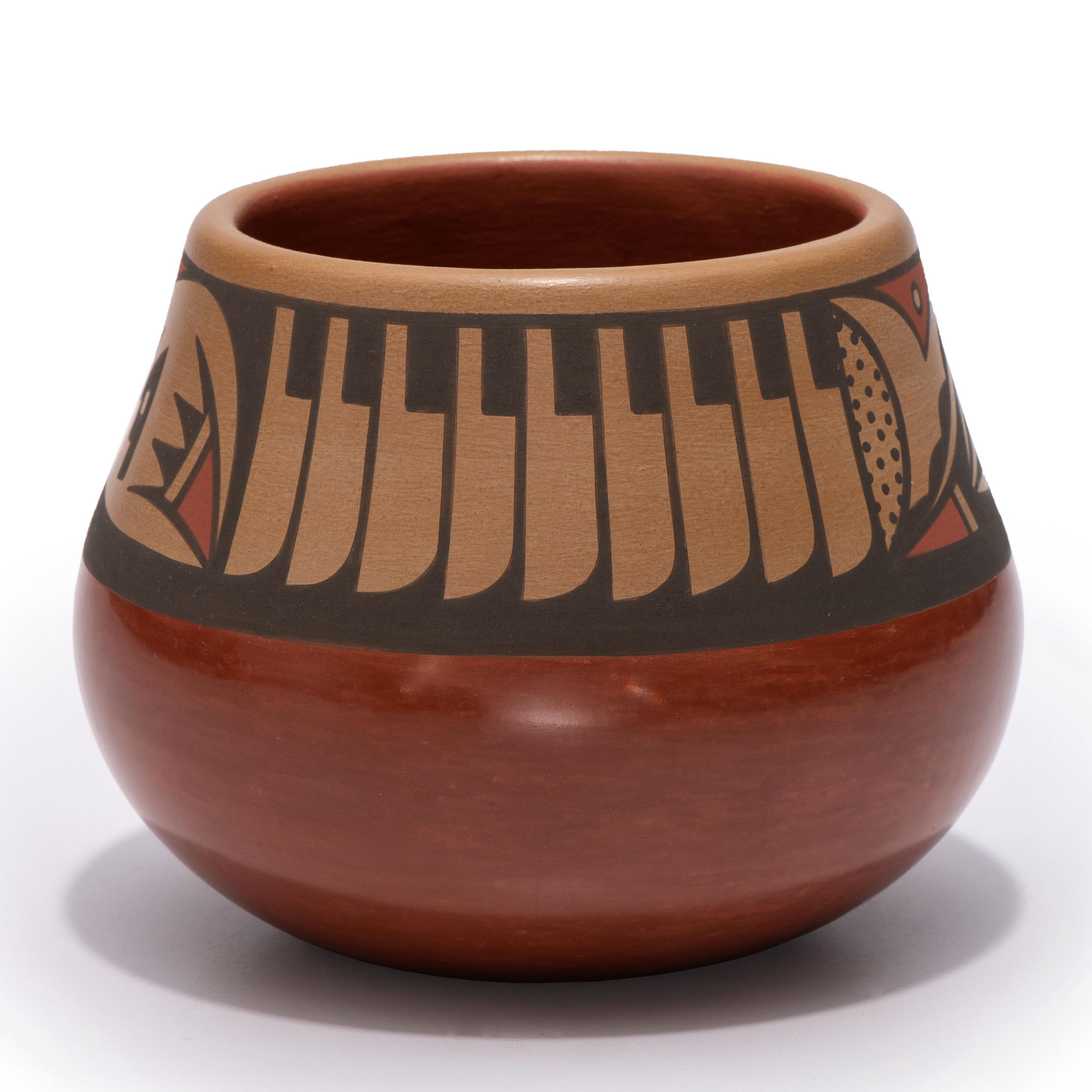 Red and Sienna Pottery Jar, with Repeating Feathers