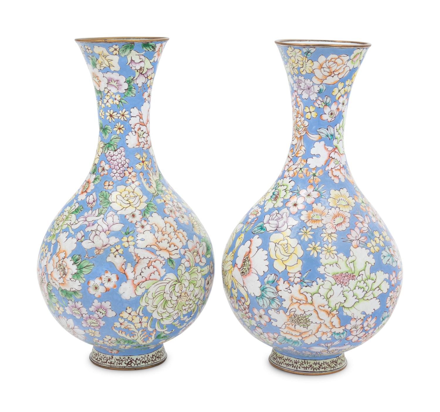 A Pair of Chinese Canton Enamel on Copper Bottles Vases