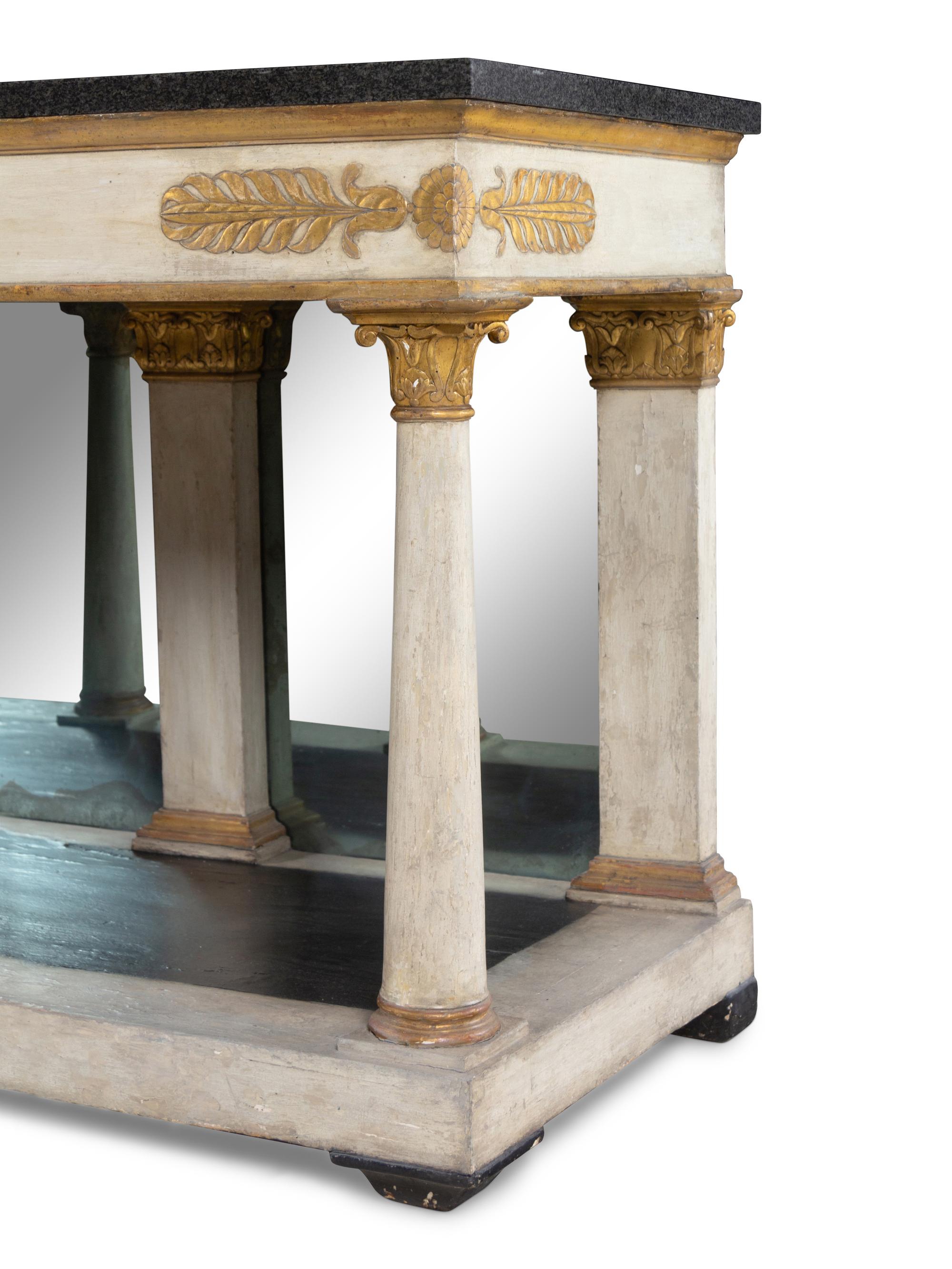 An Italian Neoclassical Painted and Parcel Gilt Marble-Top Console Table