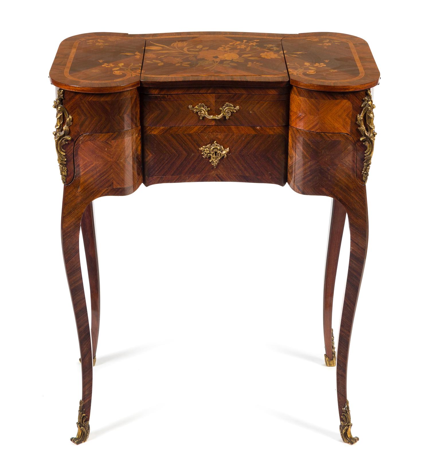 A Louis XV Style Gilt Bronze Mounted Marquetry Poudreuse Height 31 1/2 x width 25 x depth 14 inches. — SIGNED DURAND, EARLY 20TH CENTURY