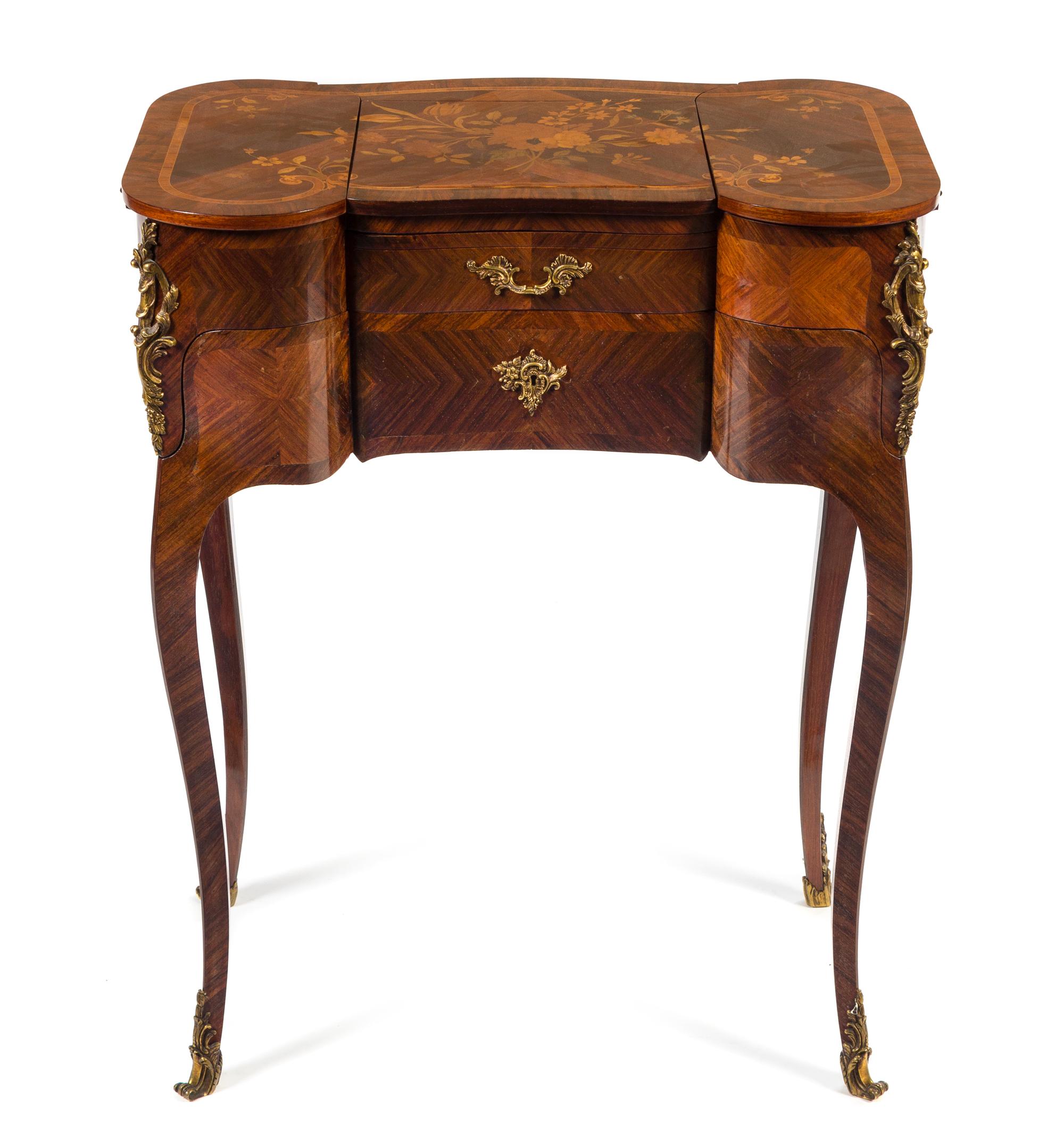 A Louis XV Style Gilt Bronze Mounted Marquetry Poudreuse Height 31 1/2 x width 25 x depth 14 inches. — SIGNED DURAND, EARLY 20TH CENTURY