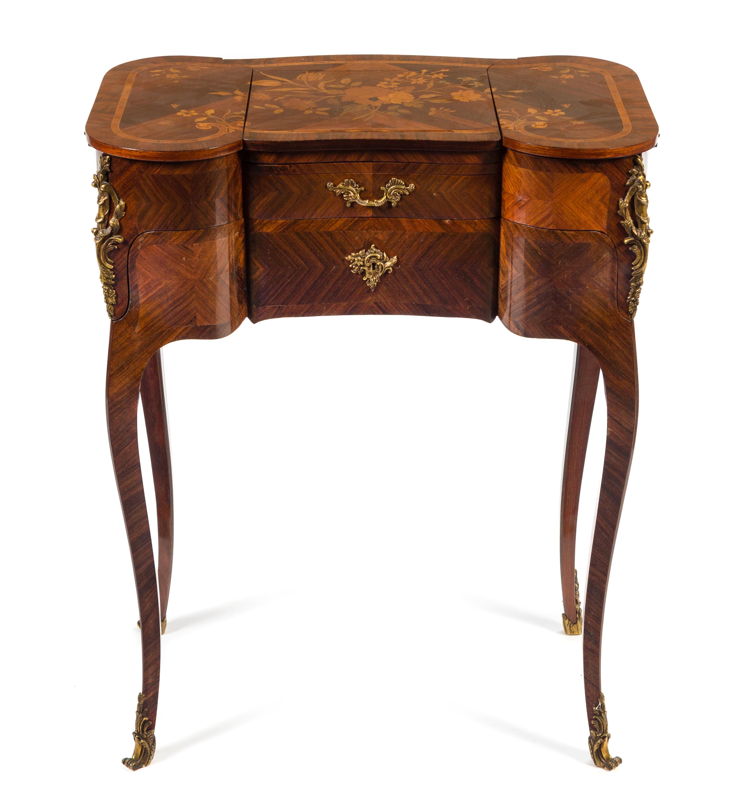 A Louis XV Style Gilt Bronze Mounted Marquetry Poudreuse Height 31 1/2 x width 25 x depth 14 inches. — SIGNED DURAND, EARLY 20TH CENTURY