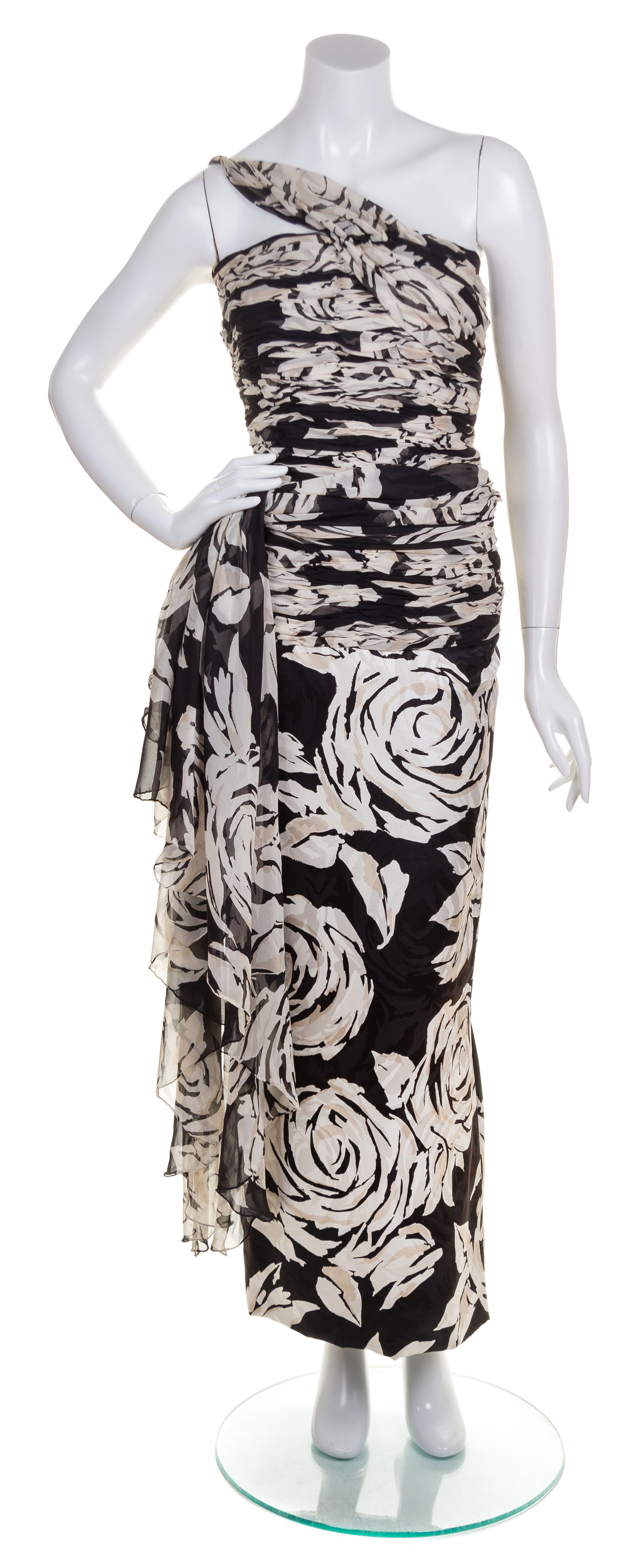 A Valentino Ivory and Black Silk Single Shoulder Gown, Size 8.
