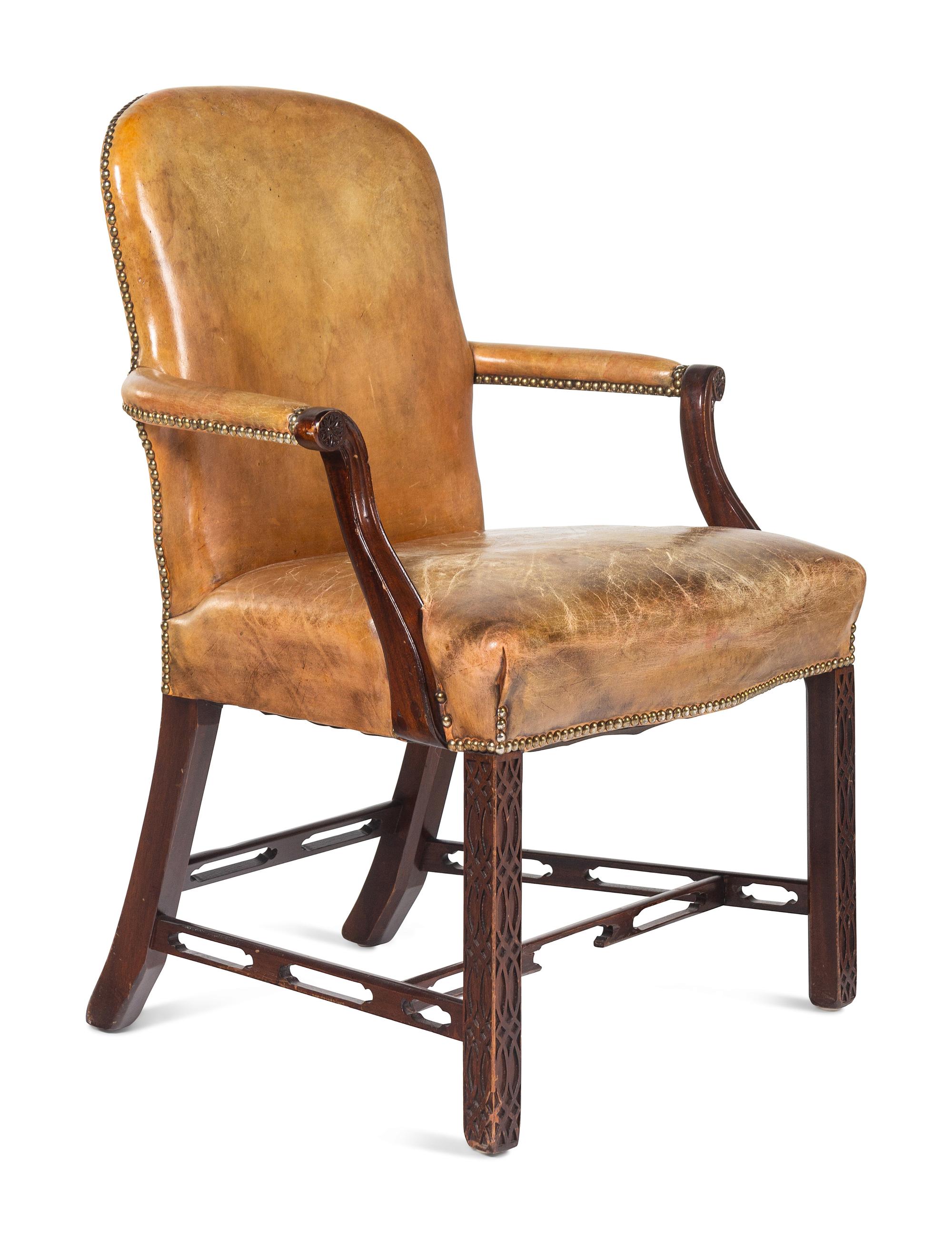 A Pair of George III Style Leather-Upholstered Mahogany Armchairs