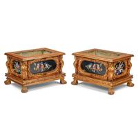 A Pair of Italian Renaissance Style Giltwood and Pietra Dura Plaque-Inset Jardinières