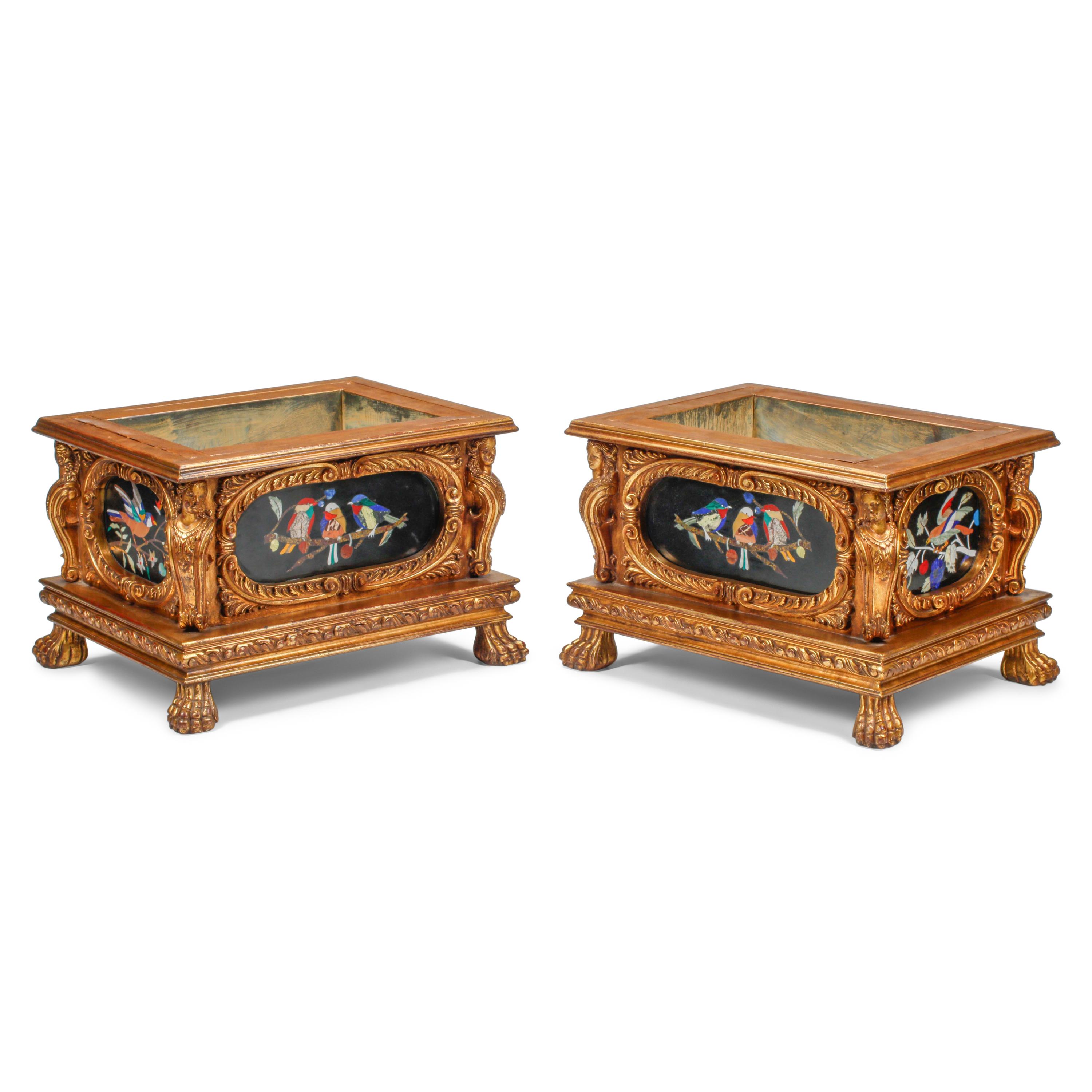A Pair of Italian Renaissance Style Giltwood and Pietra Dura Plaque-Inset Jardinières