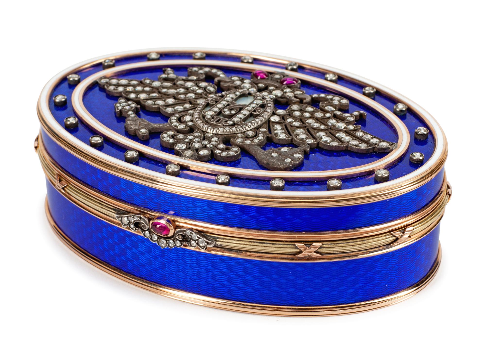 A Russian 18k Gold, Diamond and Enamel Snuff Box