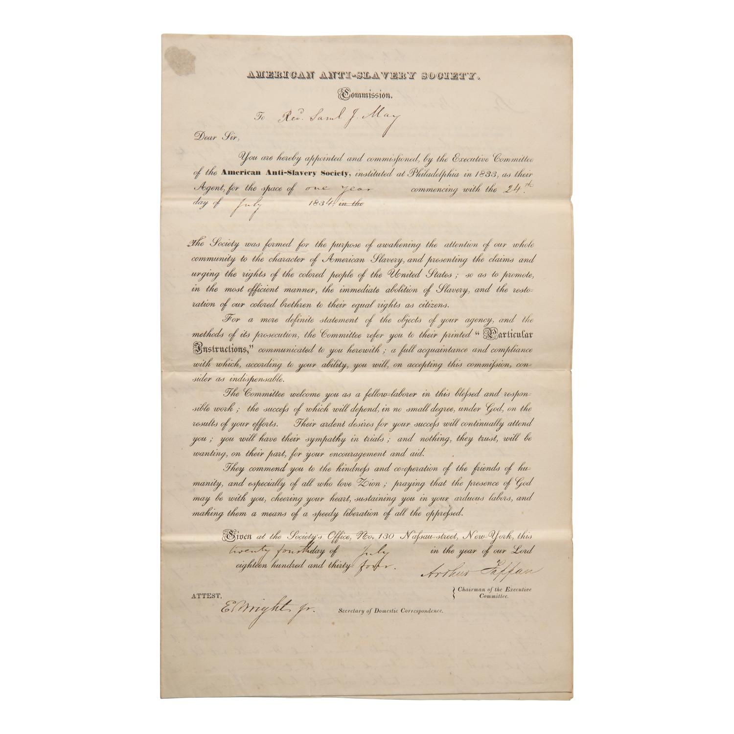 [African-Americana] Wright, Elizur, Jr., and Arthur Tappan. Abolitionist Rev. Samuel J. May's Partially-Printed American Anti-Slavery Society Executive Committee Commission