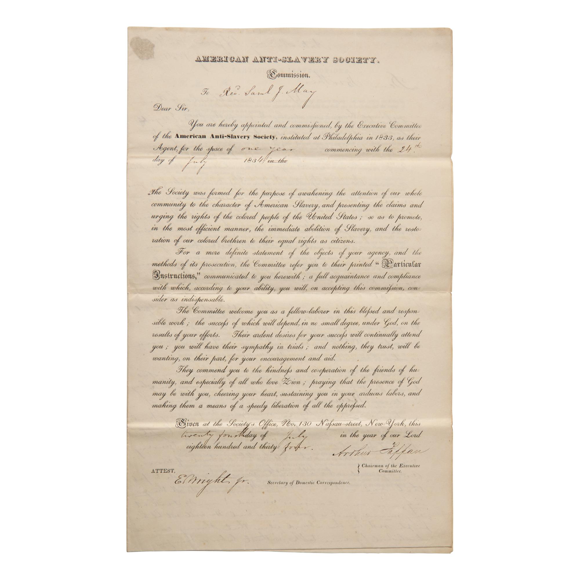 [African-Americana] Wright, Elizur, Jr., and Arthur Tappan. Abolitionist Rev. Samuel J. May's Partially-Printed American Anti-Slavery Society Executive Committee Commission