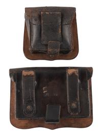 [CIVIL WAR]. A group of 7 items used by a soldier in the field, incl. US issued military cup, Navy fuse pouch, pistol cartridge box, bone handled fork, mirror with patriotic motif, and two dug spurs from the battlefield.