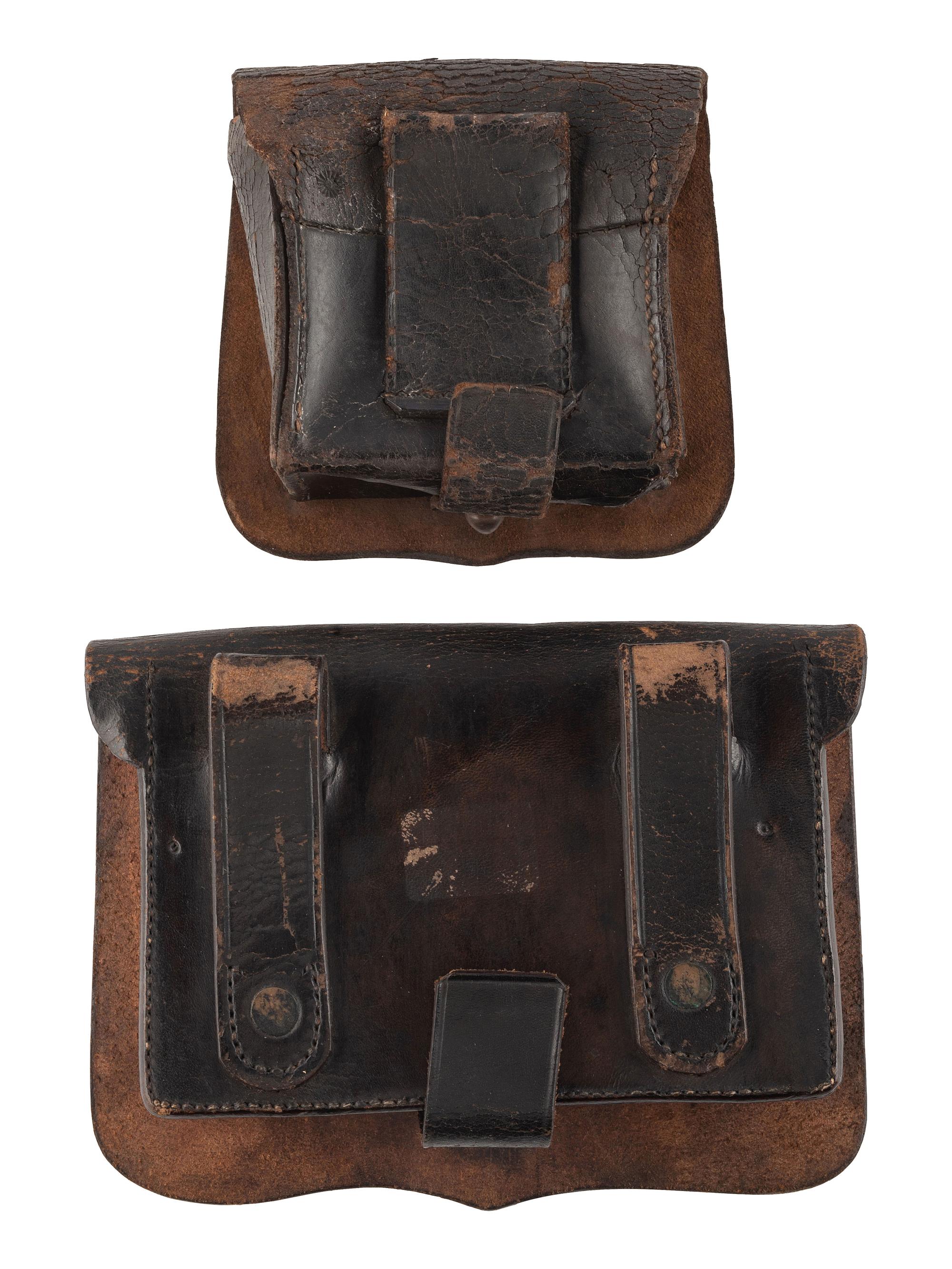 [CIVIL WAR]. A group of 7 items used by a soldier in the field, incl. US issued military cup, Navy fuse pouch, pistol cartridge box, bone handled fork, mirror with patriotic motif, and two dug spurs from the battlefield.