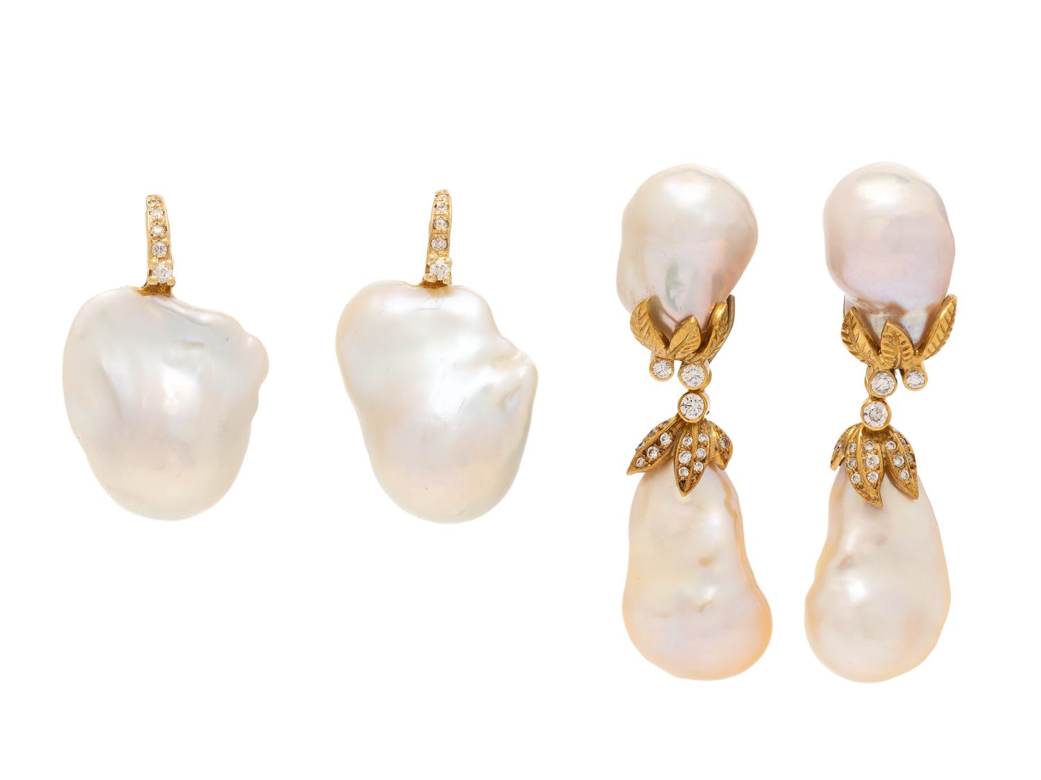 TWO PAIRS OF BAROQUE CULTURED PEARL, DIAMOND, AND YELLOW GOLD EARRINGS