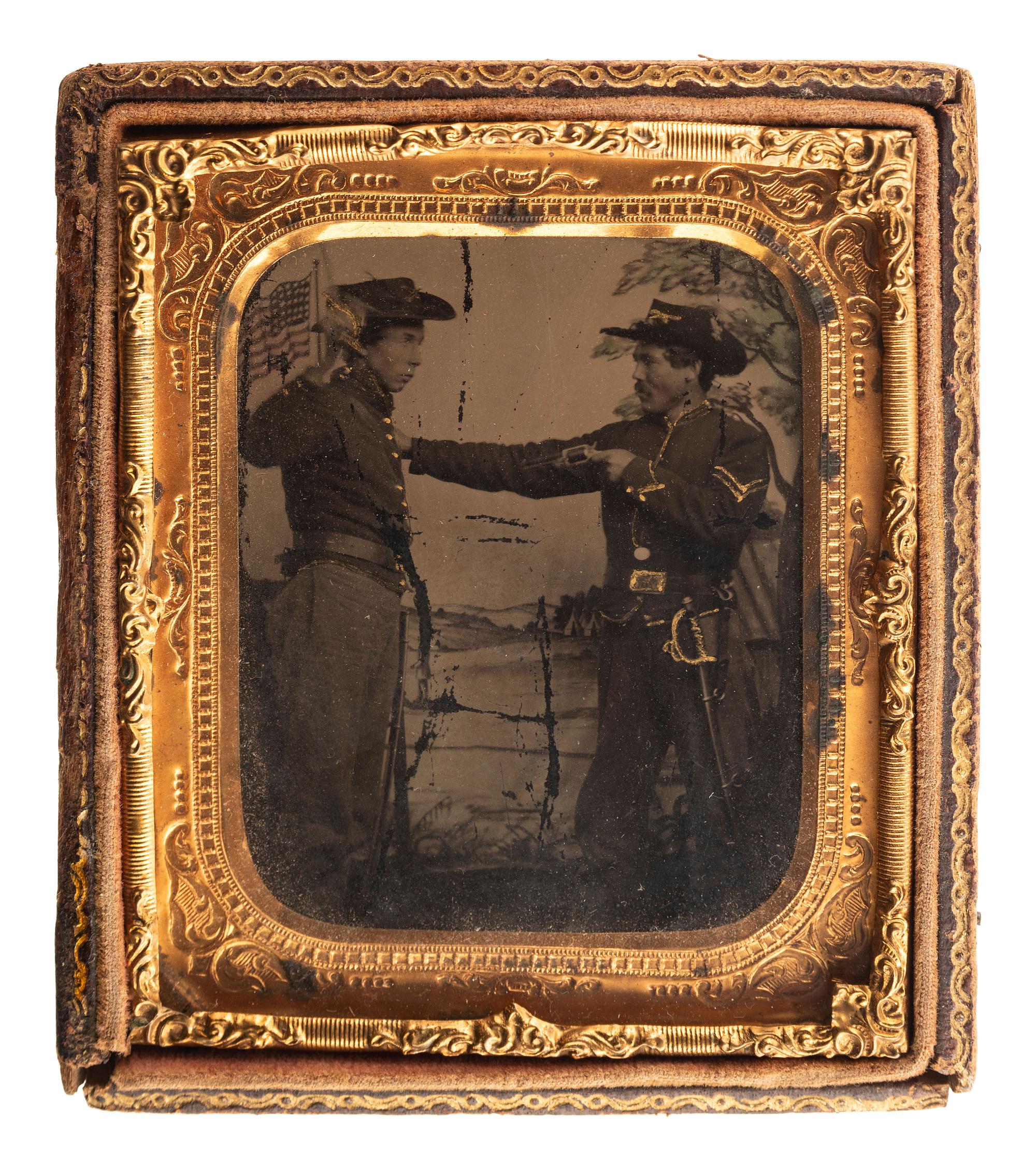 [CIVIL WAR]. Sixth plate tintype of armed cavalrymen in mock combat.