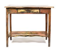 A French Painted Single Drawer Table Height 31 1/2 x width 36 1/4 x depth 17 inches. — MID-19TH CENTURY