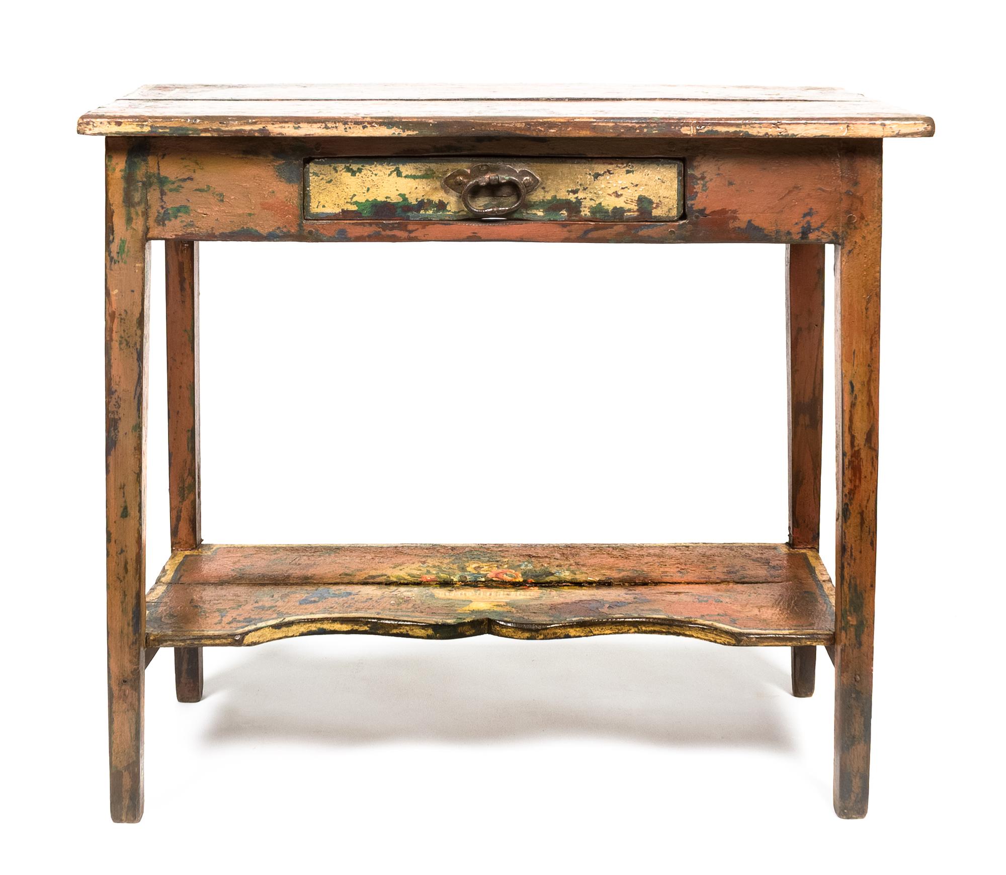 A French Painted Single Drawer Table Height 31 1/2 x width 36 1/4 x depth 17 inches. — MID-19TH CENTURY