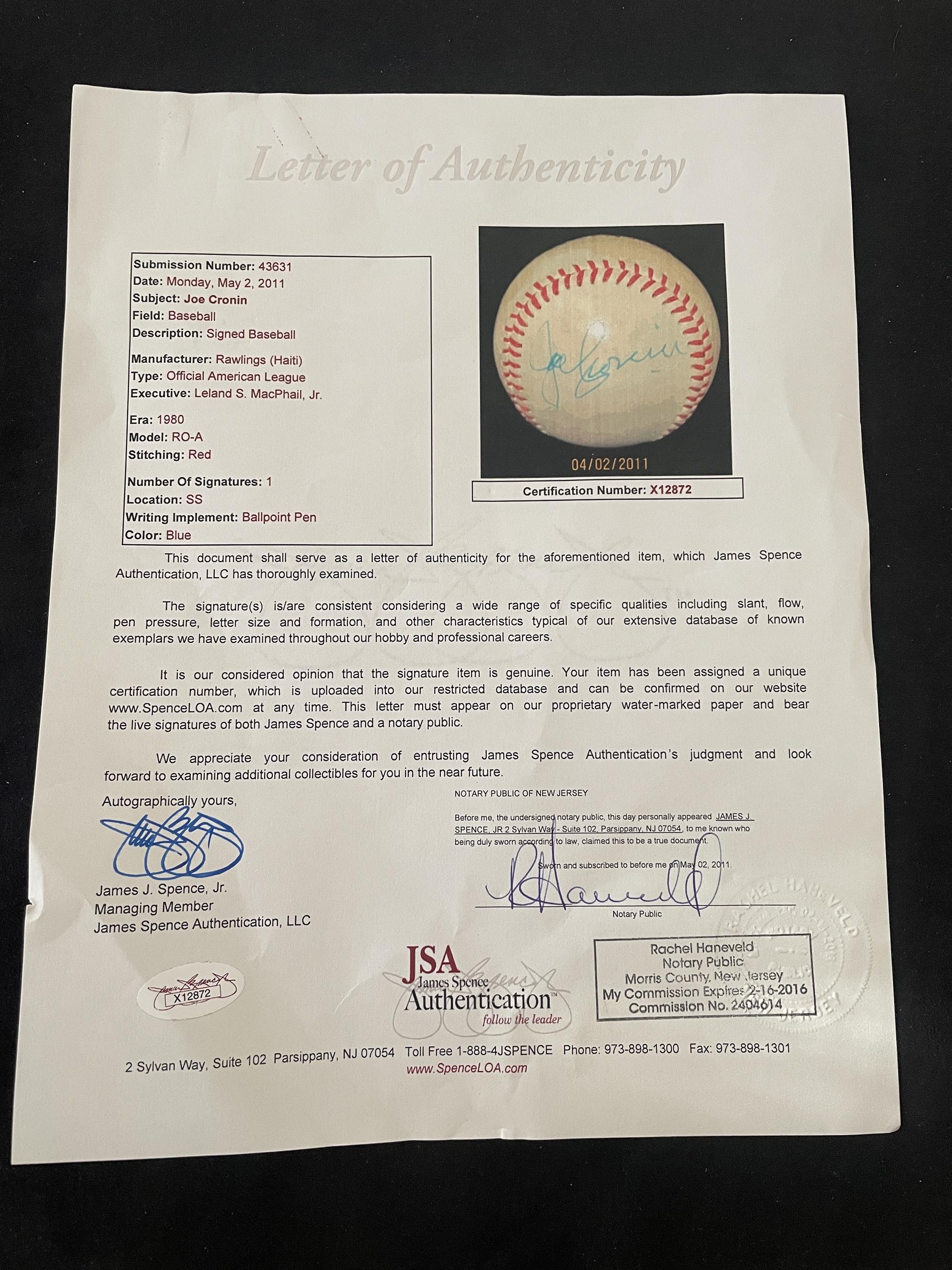 A Joe Cronin Single Signed Autograph Baseball (JSA Letter)