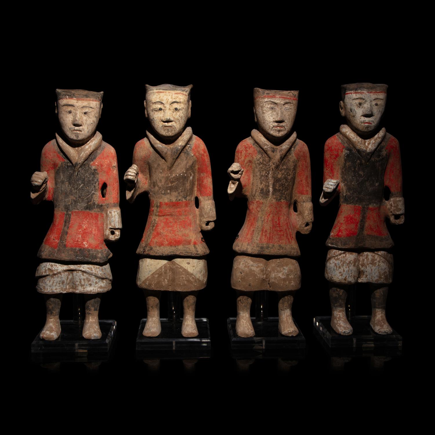 Four Chinese Painted Pottery Soldiers, Han Dynasty — 漢 彩繪步兵陶俑四件