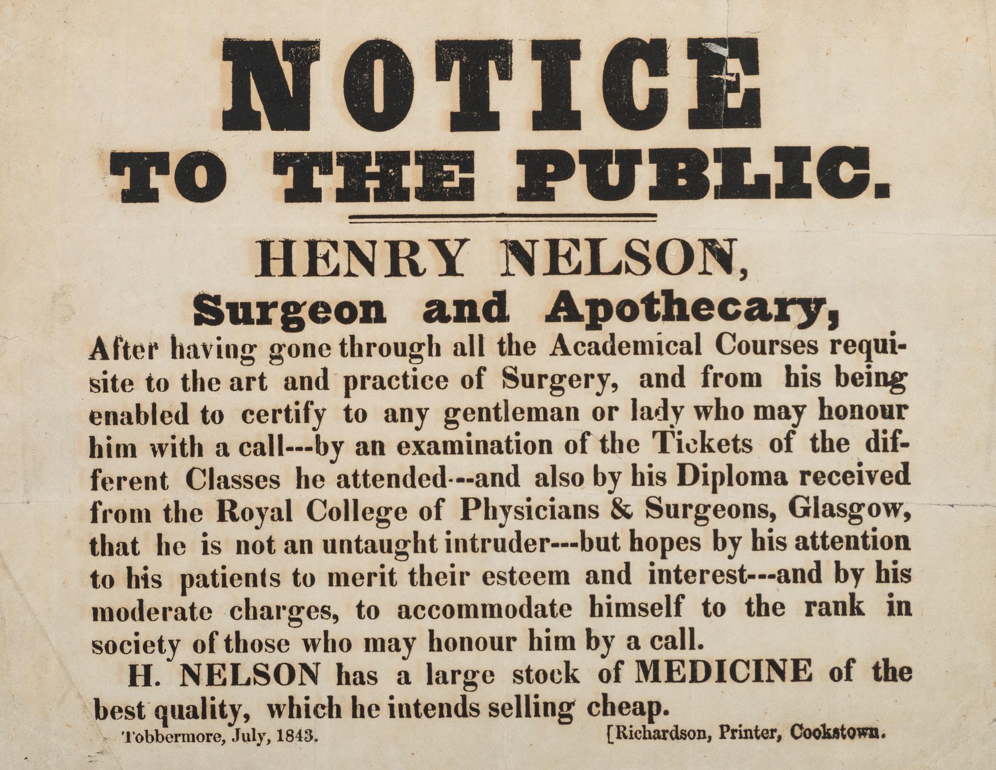 [MEDICINE]. A group of 2 broadsides issued to the public by physicians promoting or defending their practices during the 1840s, comprising: