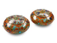 A Pair of Continental Turquoise, Lapis Lazuli, Malachite and Amber Inlaid Covered Bowls