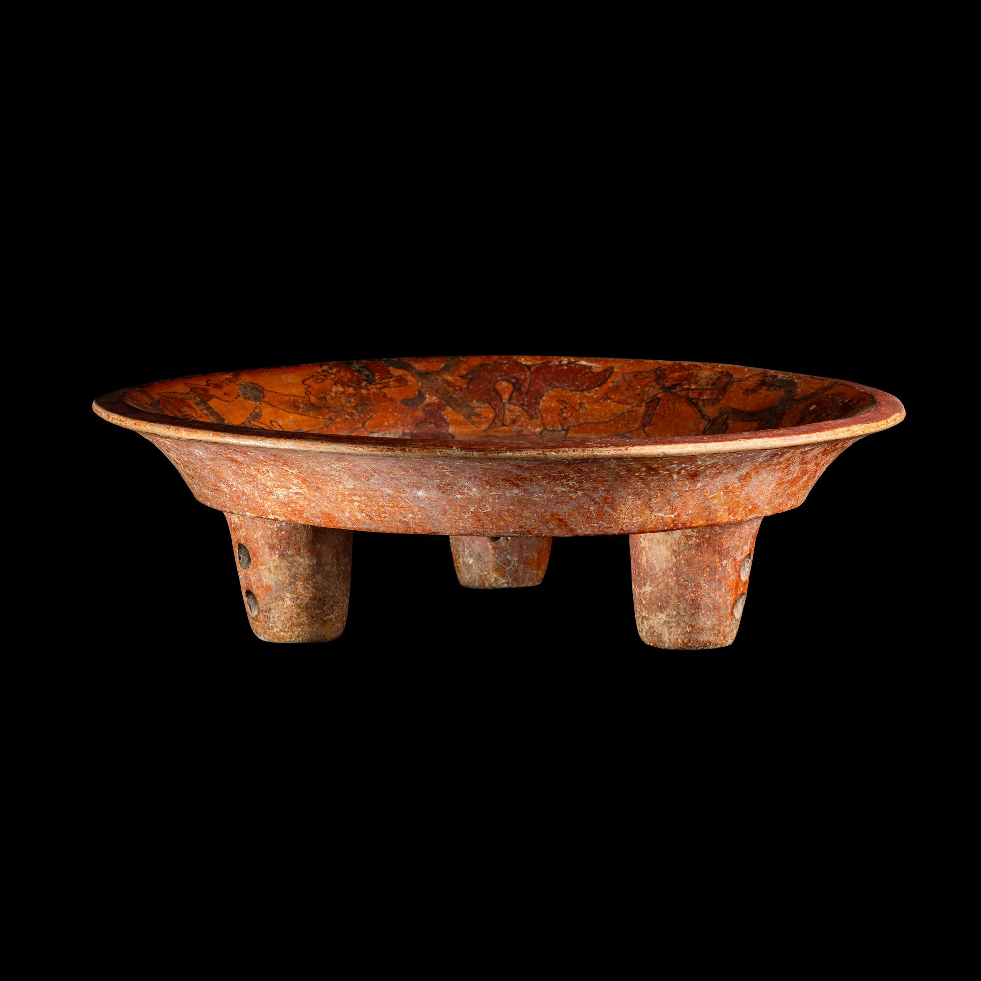 A Maya Polychrome Terracotta Tripod Plate with Gods and Glyphs