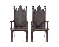 A Pair Of Painted Gothic Revival Carved Oak Armchairs