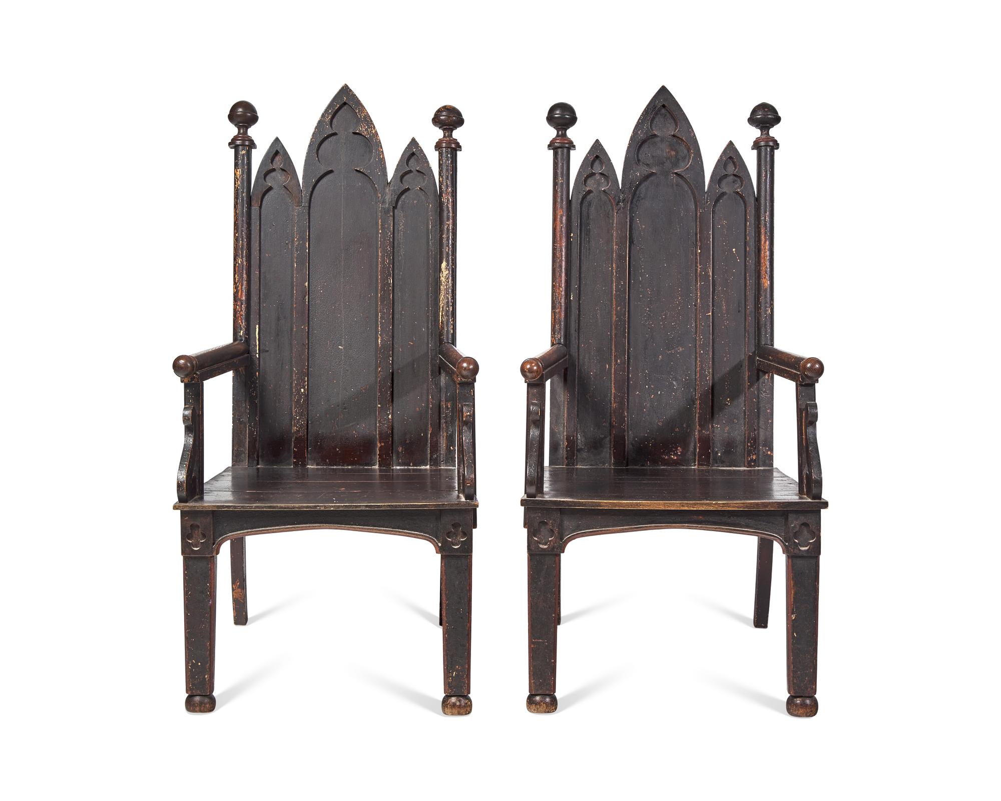 A Pair Of Painted Gothic Revival Carved Oak Armchairs