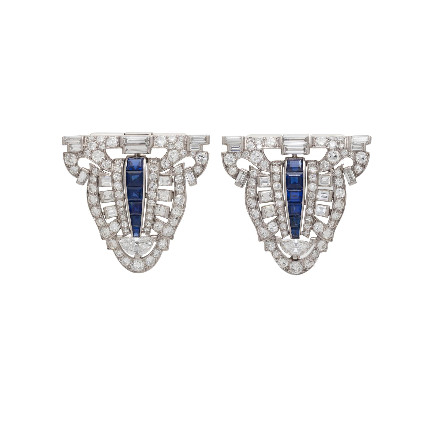 ART DECO, DIAMOND AND SAPPHIRE DOUBLE CLIP BROOCH