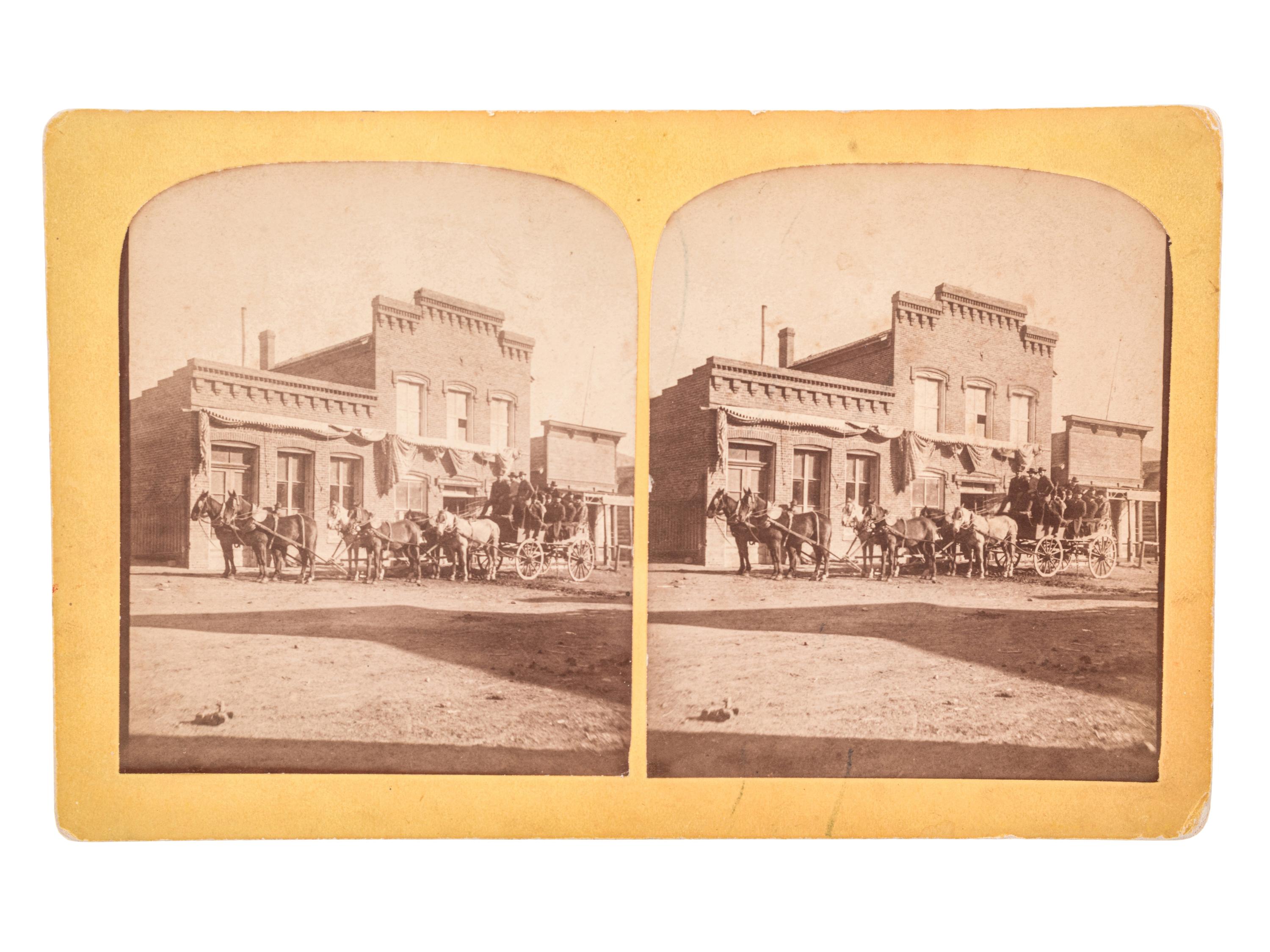 [MONTANA]-- [DAKOTA]. A group of 5 photographs, incl. buffalo, elk, and horses, highlighted by stereoview of horse-drawn wagon outside the "Pony Saloon" in Glendale, Montana by Henry W. Brown.