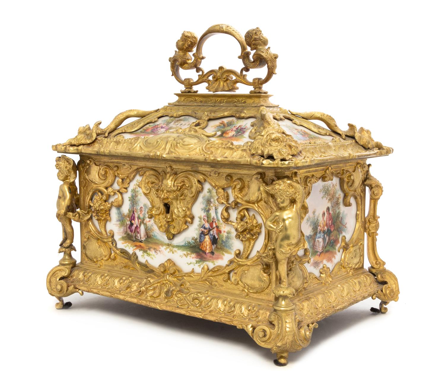 A Napoleon III Porcelain Mounted Gilt Bronze Jewelry Casket Height 14 1/2 x width 15 1/4 x depth 10 1/2 inches. — 19TH CENTURY