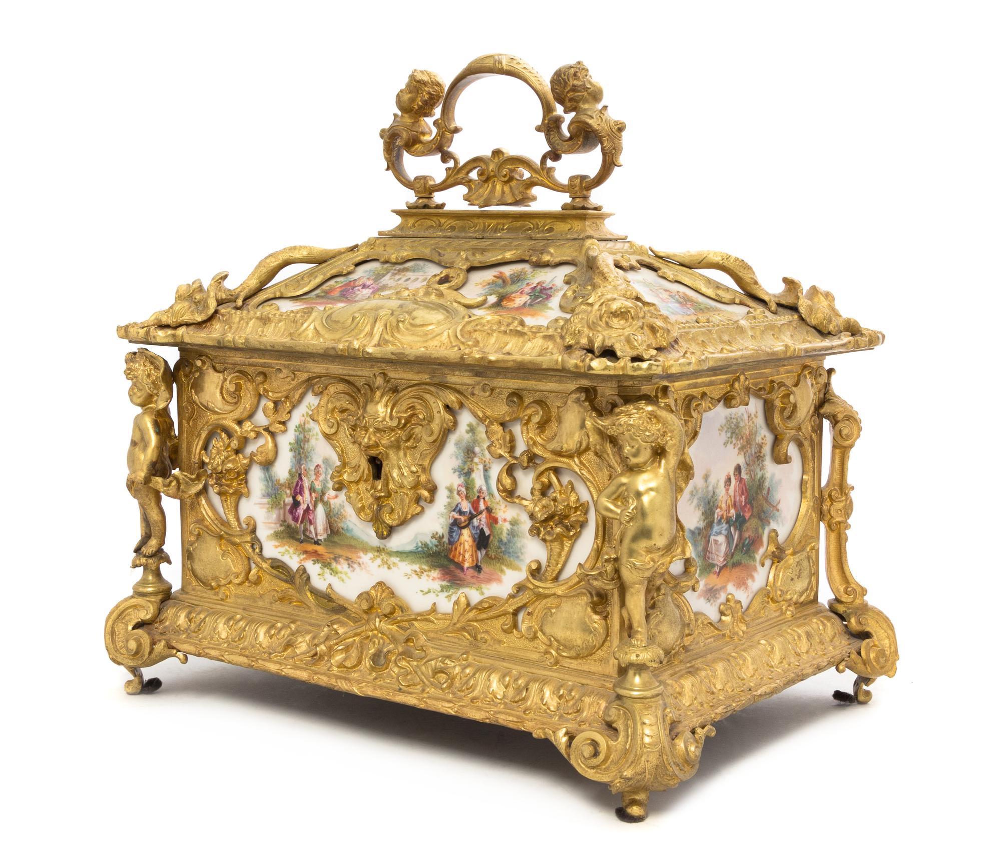 A Napoleon III Porcelain Mounted Gilt Bronze Jewelry Casket Height 14 1/2 x width 15 1/4 x depth 10 1/2 inches. — 19TH CENTURY