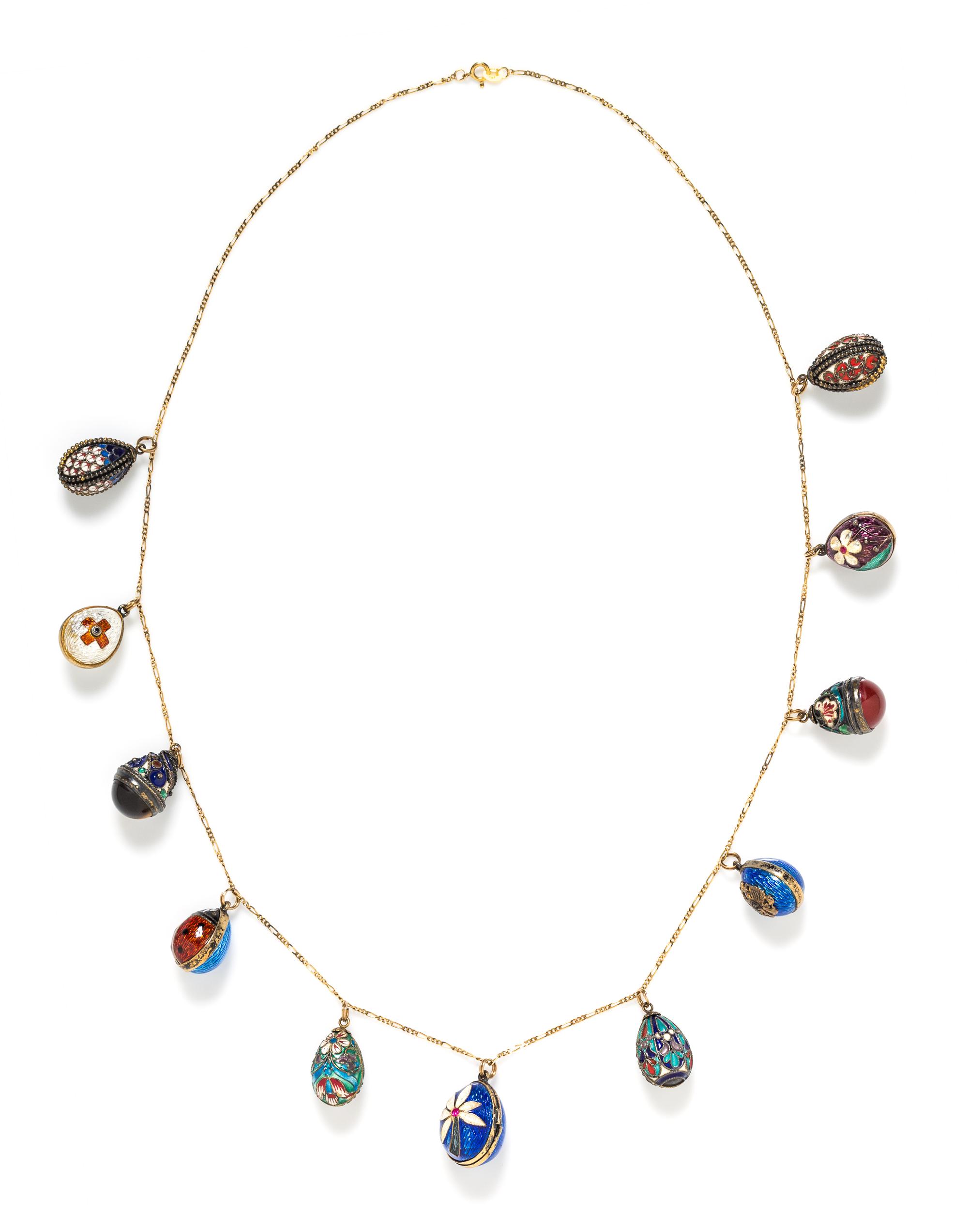 A Yellow Gold, Gilt Silver and Polychrome Enamel Egg Motif Necklace, 36.90 dwts.