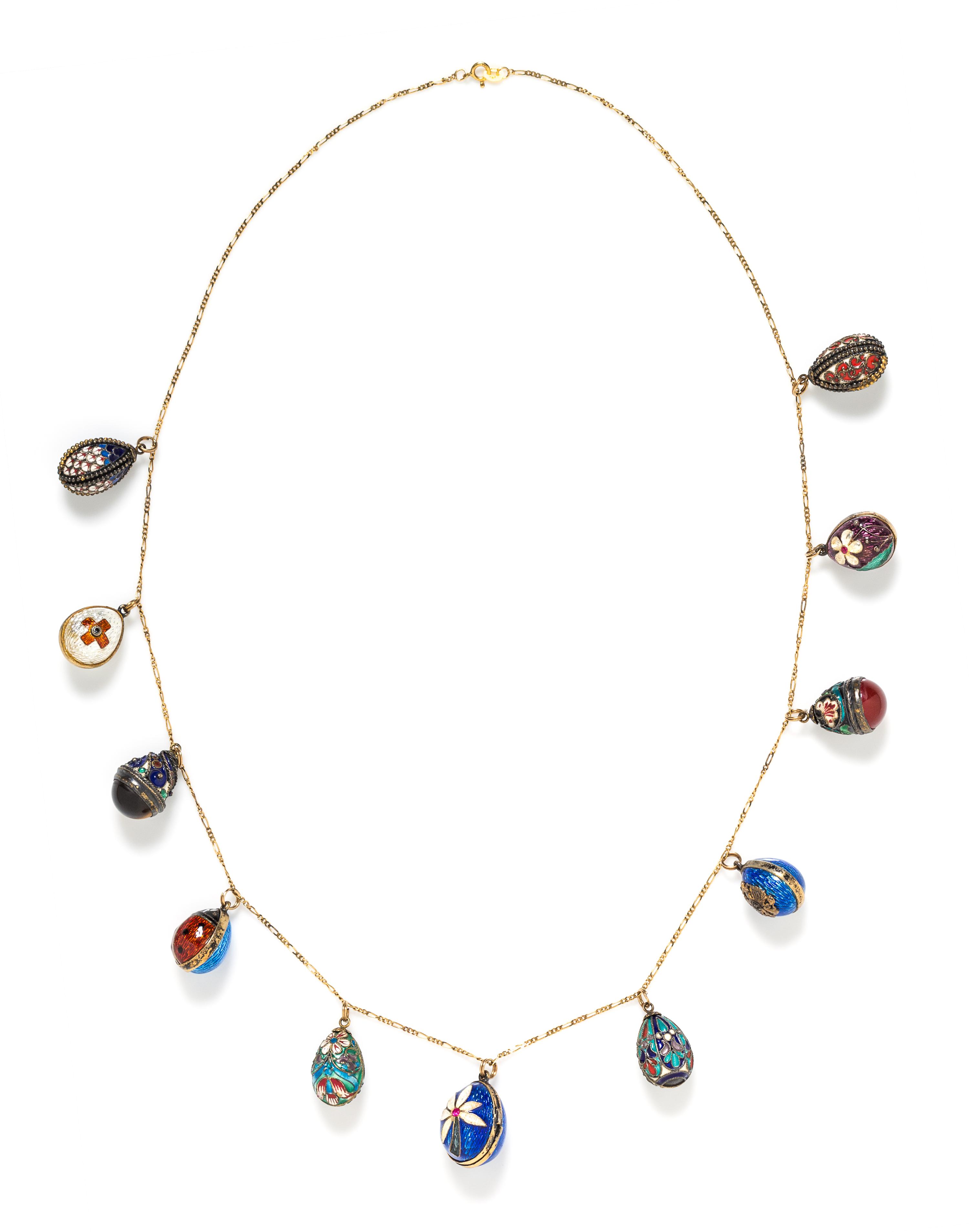 A Yellow Gold, Gilt Silver and Polychrome Enamel Egg Motif Necklace, 36.90 dwts.