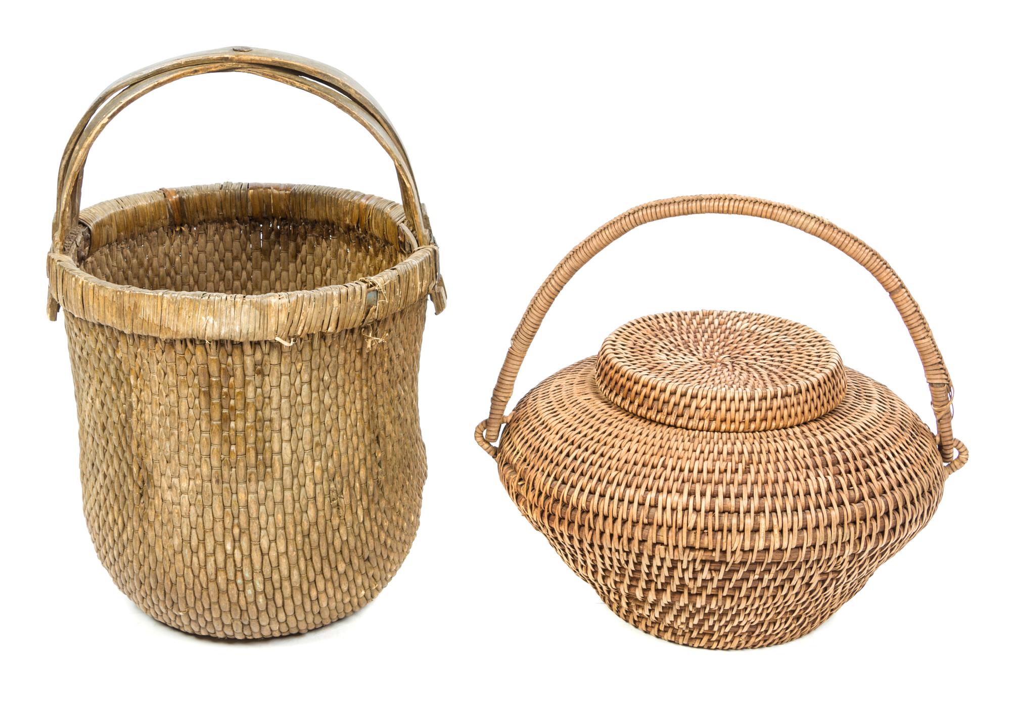 Two Woven Baskets Height of taller 23 1/2 x diameter 15 3/4 inches.