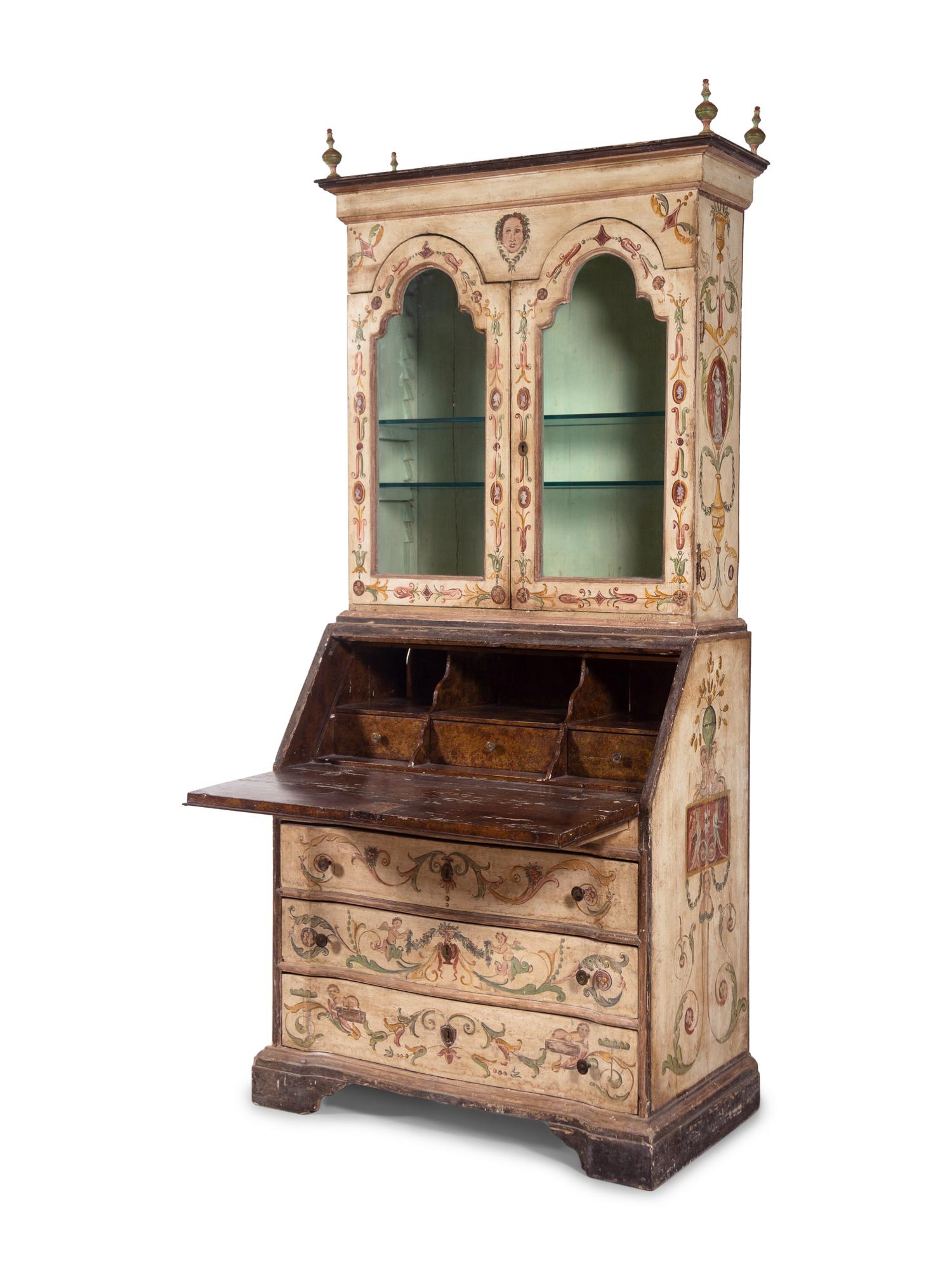 An Italian Painted Slant-Front Secretary Bookcase