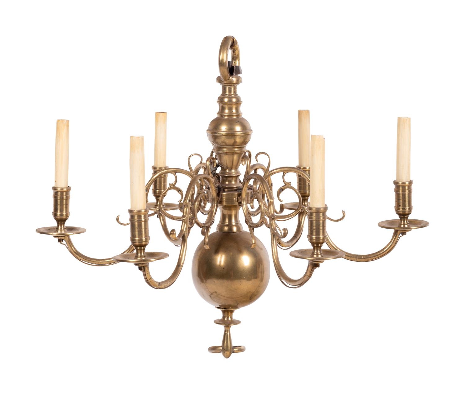 A Dutch Brass Six-Light Chandelier