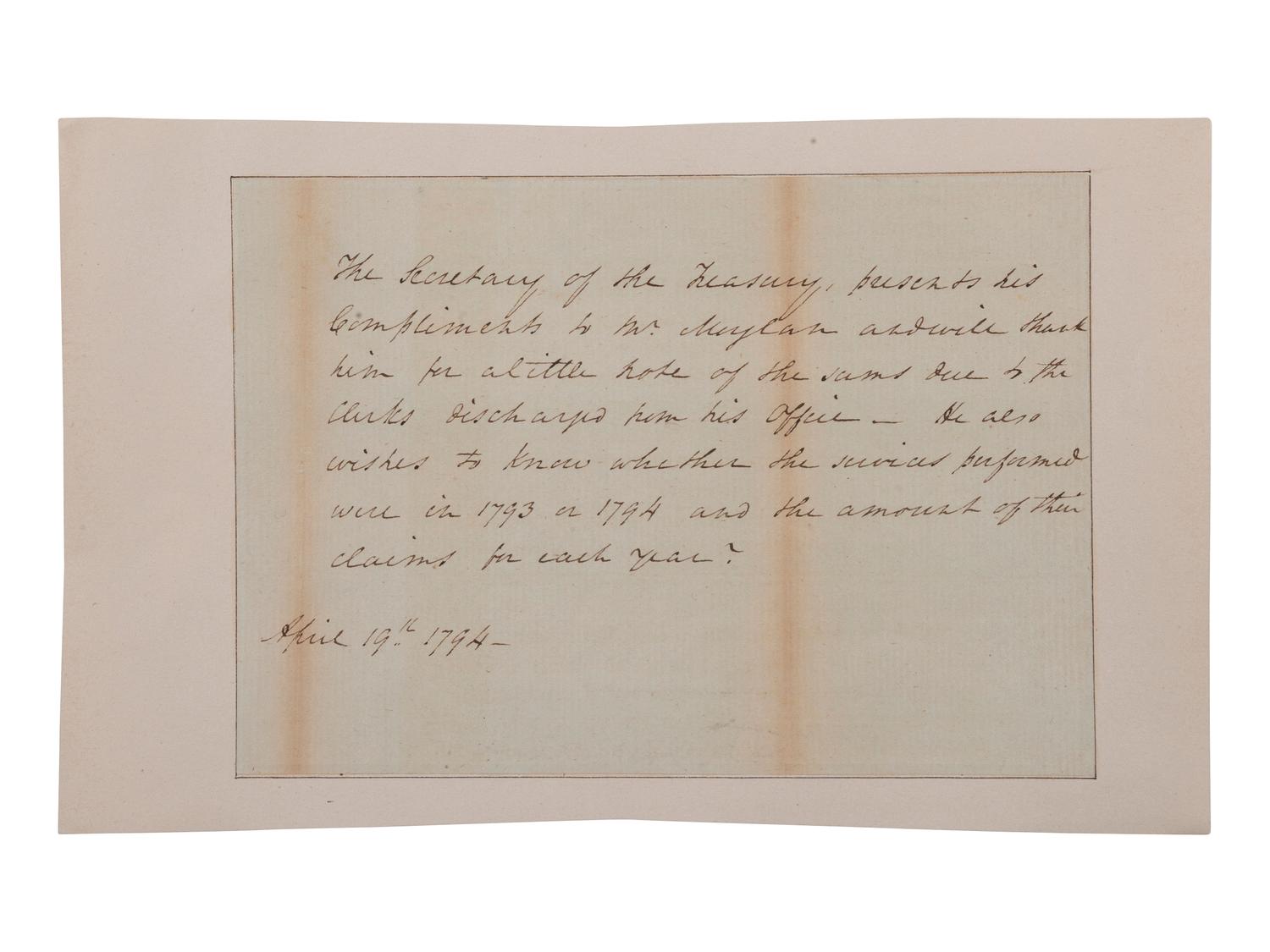 [FOUNDING FATHER]. HAMILTON, Alexander (1757-1804). Autograph note in Hamilton's hand, unsigned. 19 April 1794.