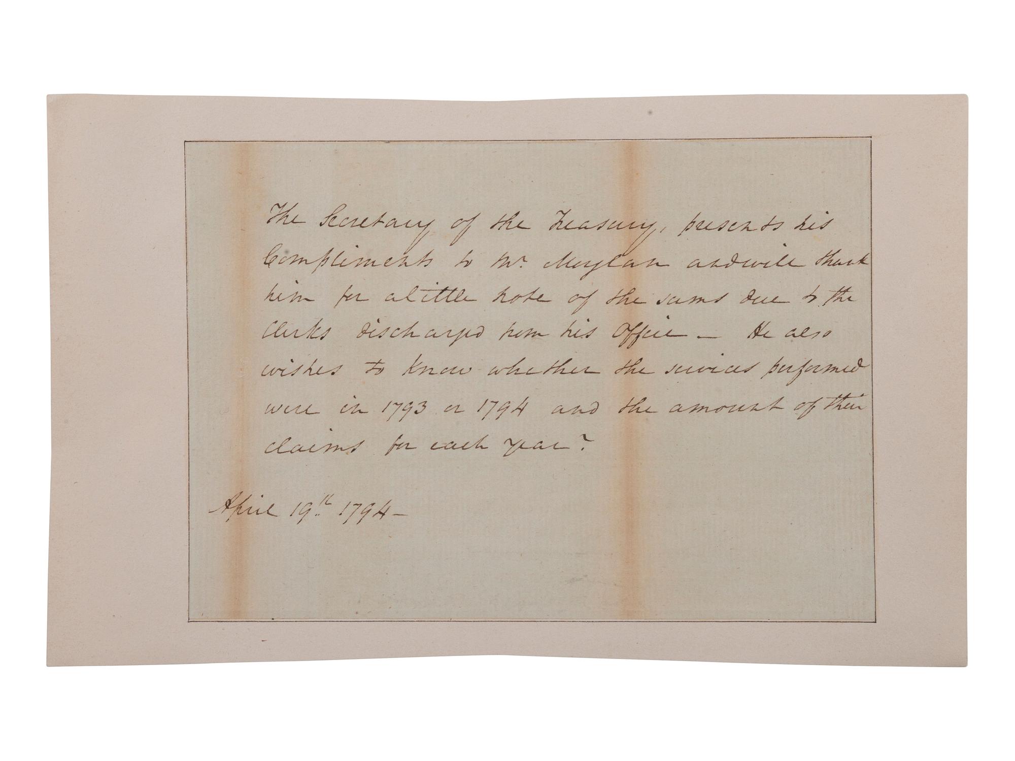[FOUNDING FATHER]. HAMILTON, Alexander (1757-1804). Autograph note in Hamilton's hand, unsigned. 19 April 1794.