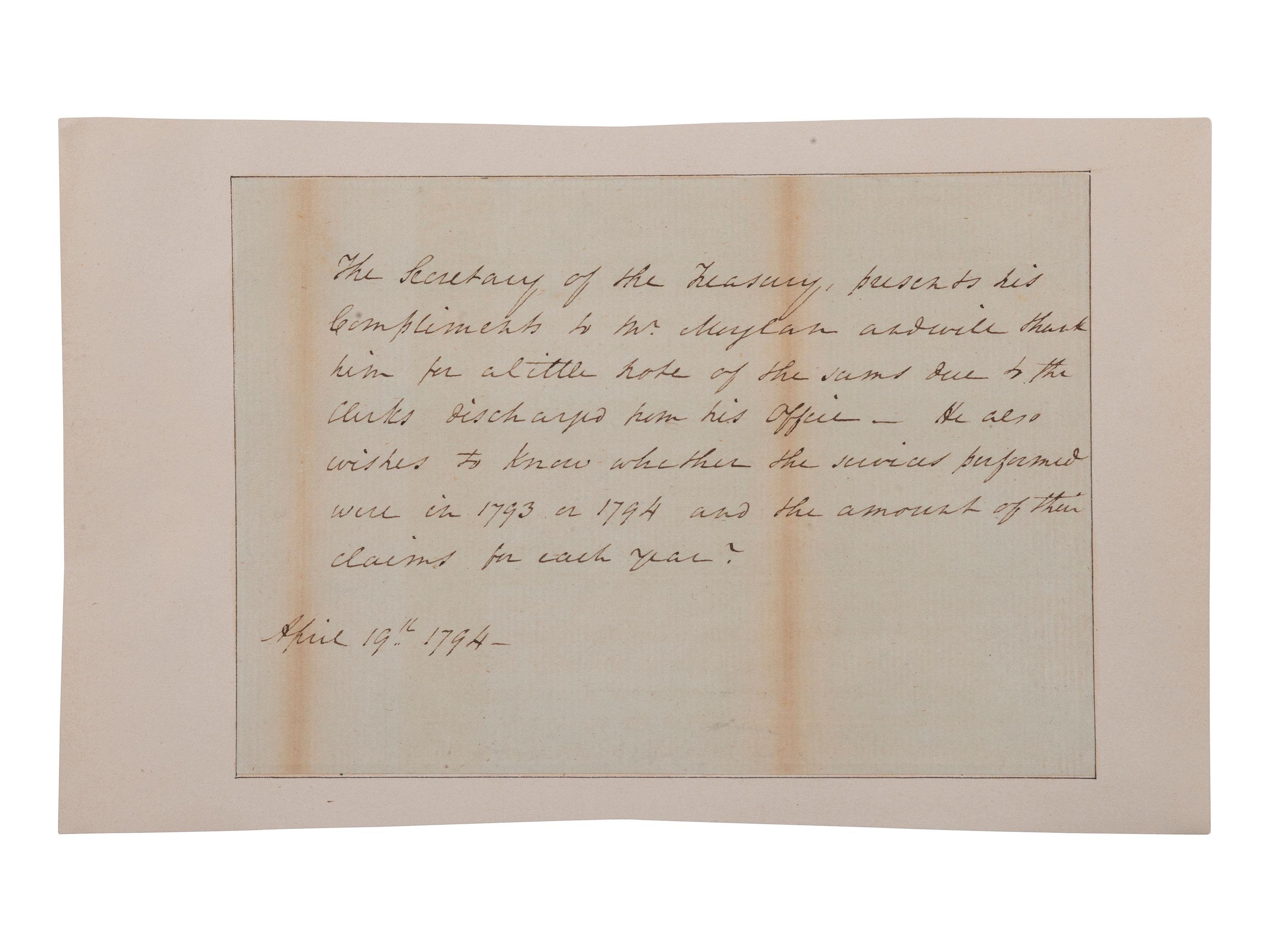 [FOUNDING FATHER]. HAMILTON, Alexander (1757-1804). Autograph note in Hamilton's hand, unsigned. 19 April 1794.